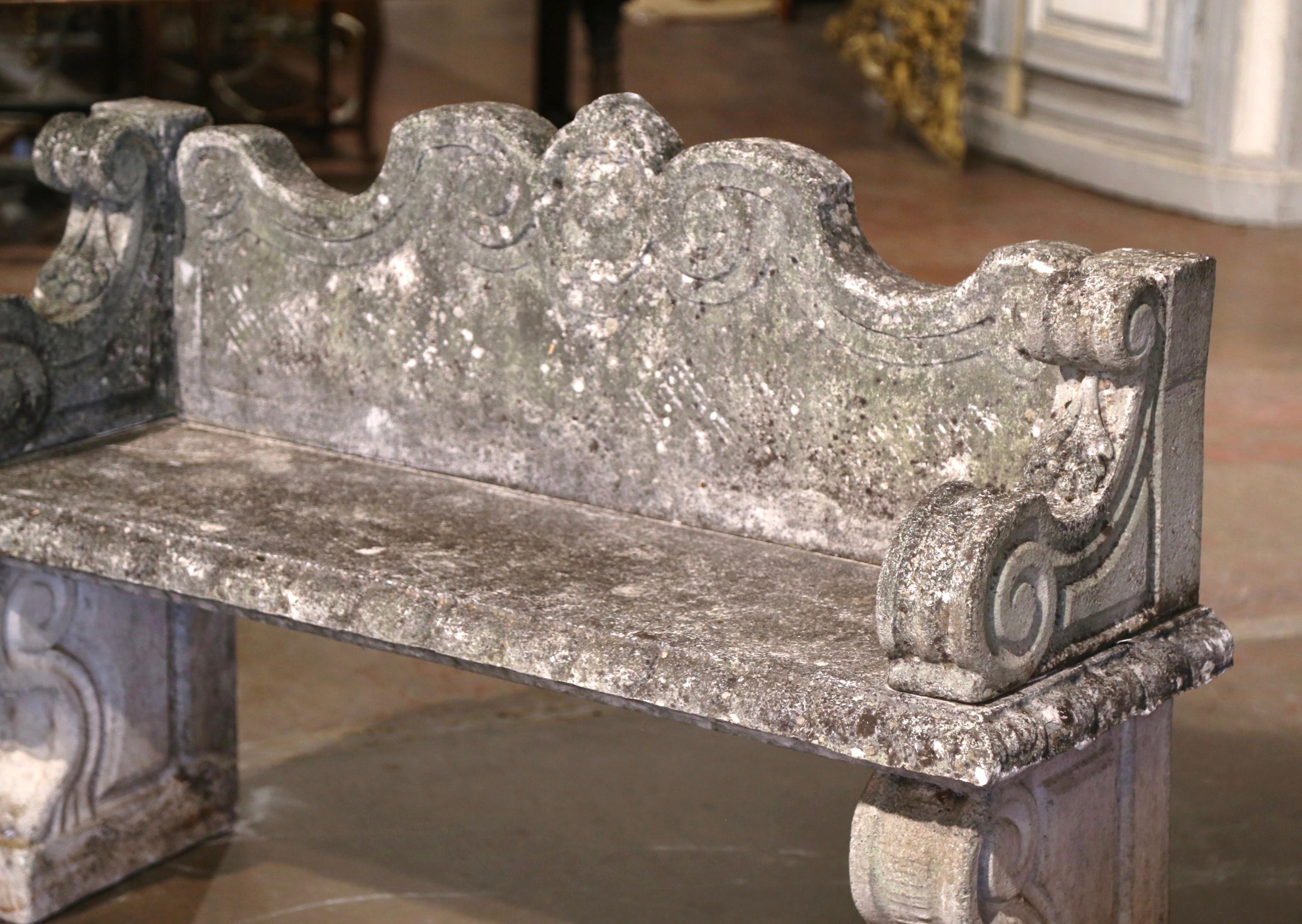 Mid-19th Century French Carved Weathered Stone Garden Bench from Normandy In Excellent Condition In Dallas, TX