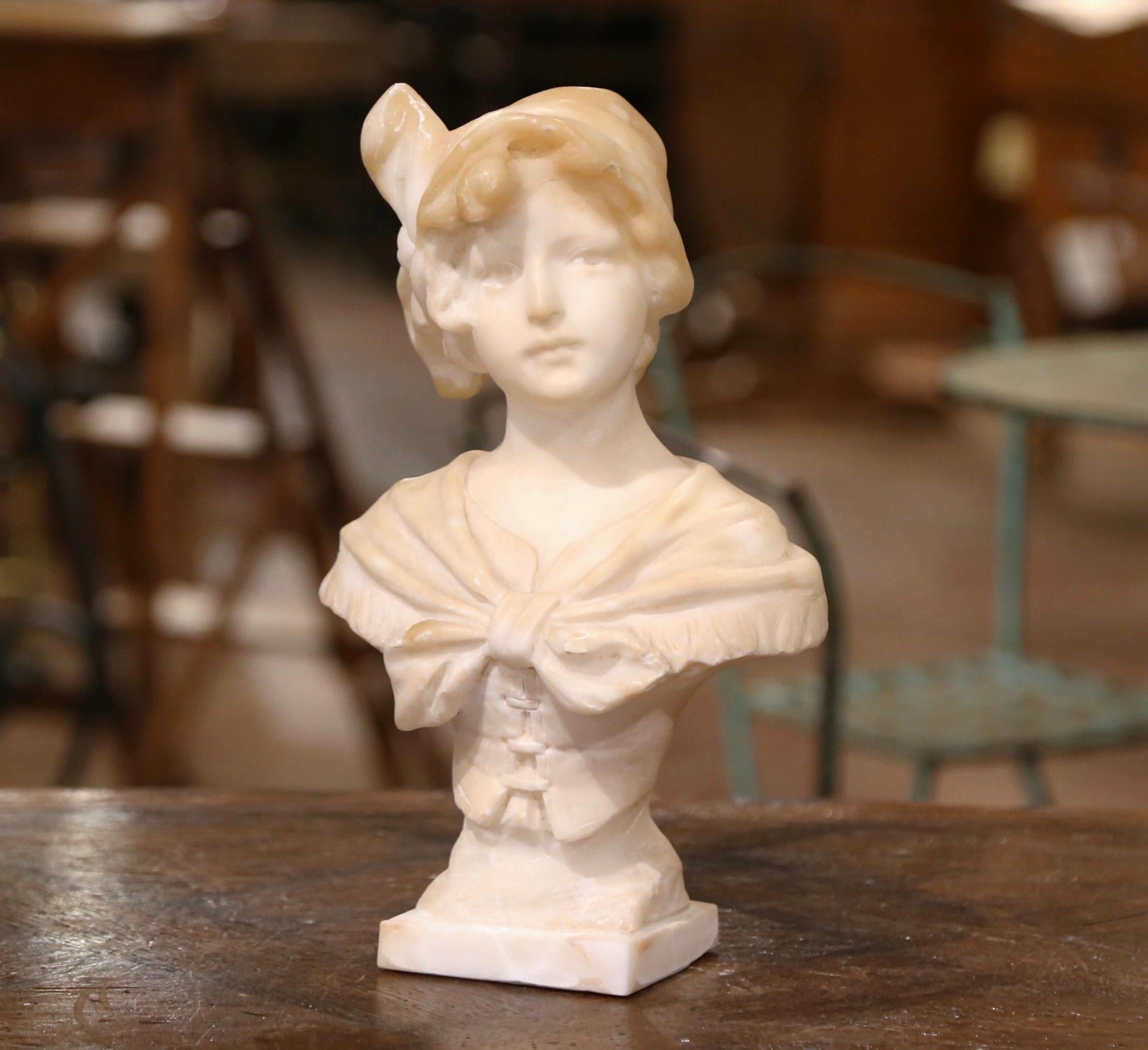 Hand-Carved Mid-19th Century French Carved White Marble Bust Sculpture of Young Beauty