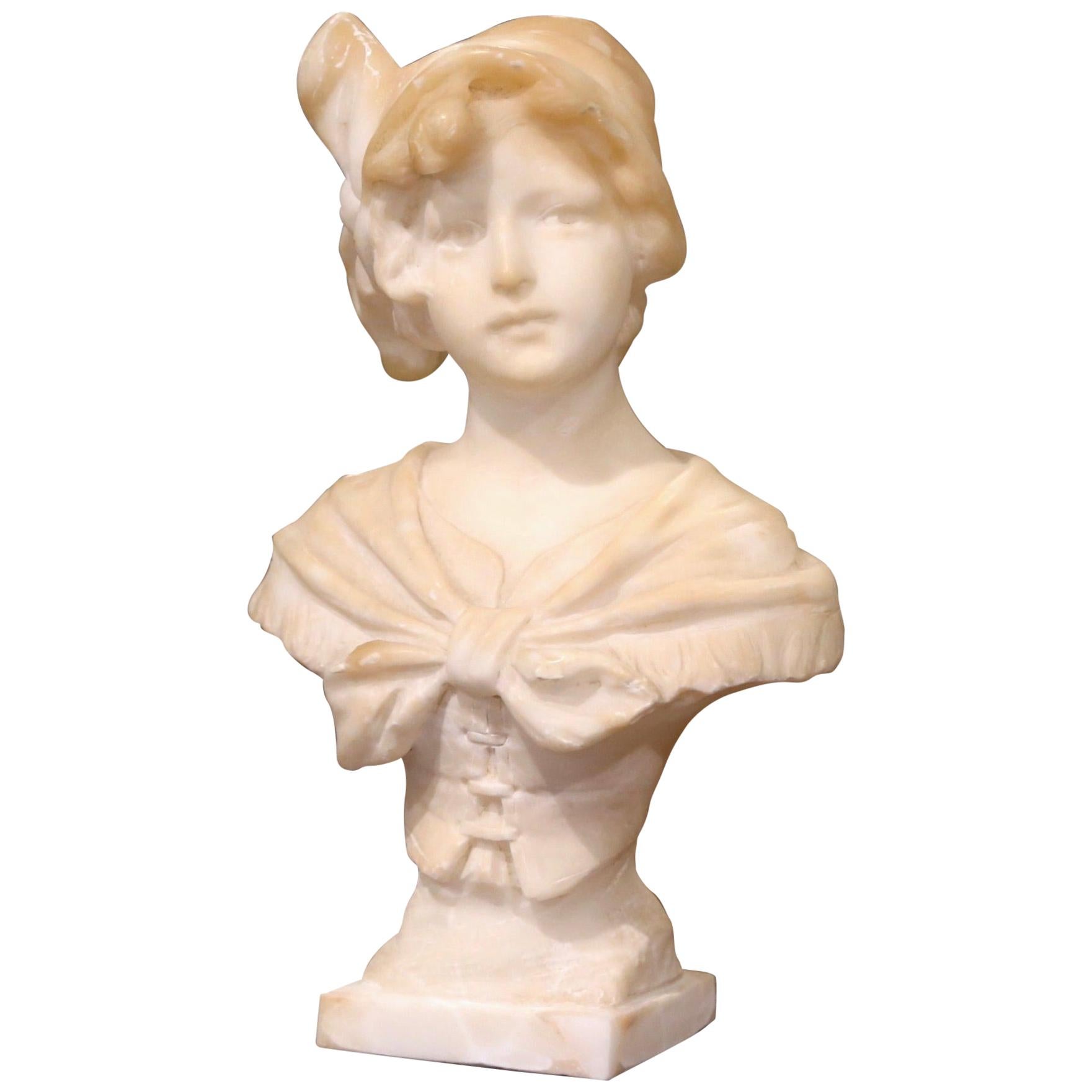 Mid-19th Century French Carved White Marble Bust Sculpture of Young Beauty
