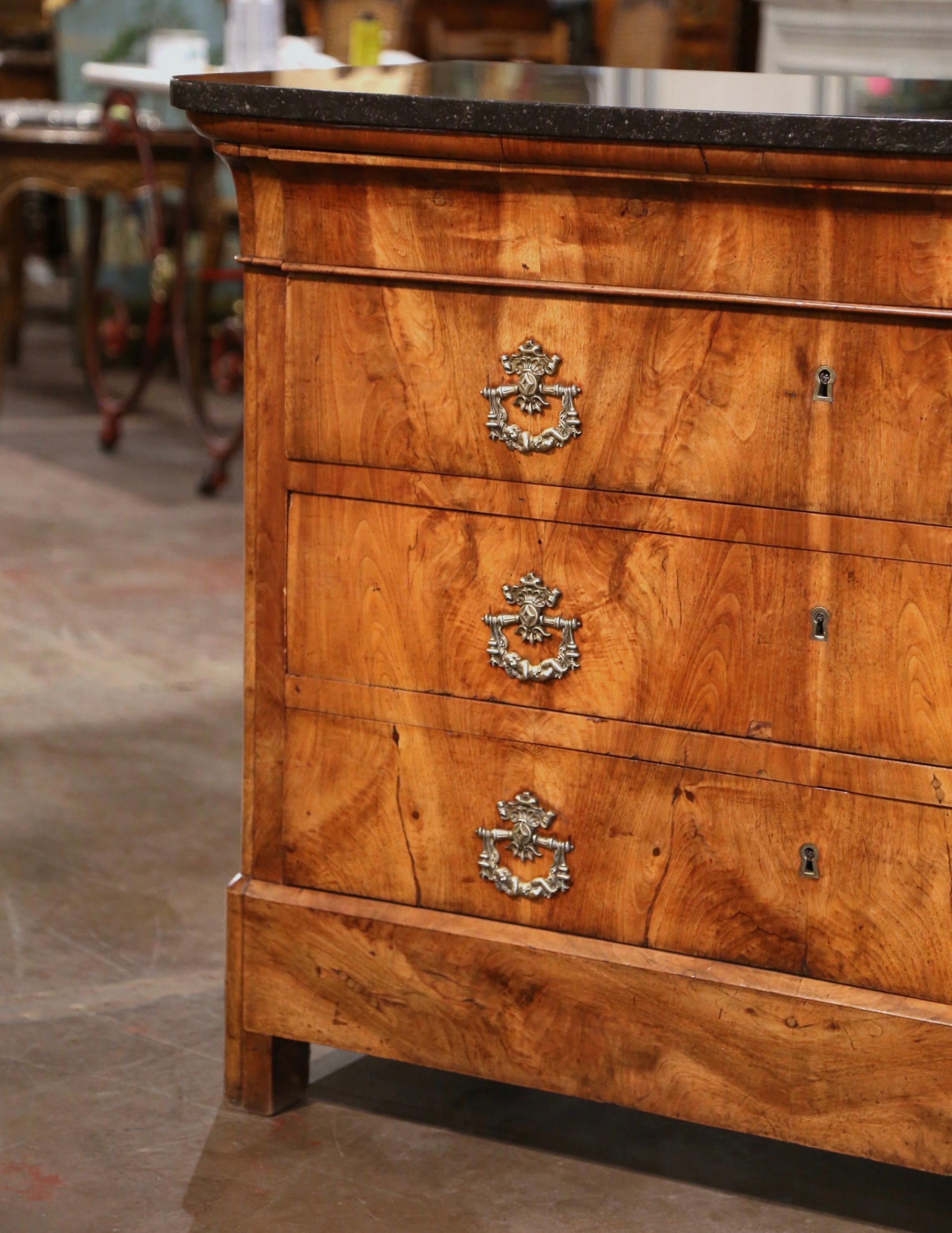Hand-Carved Mid-19th Century French Charles X Marble Top Walnut Four-Drawer Chest For Sale