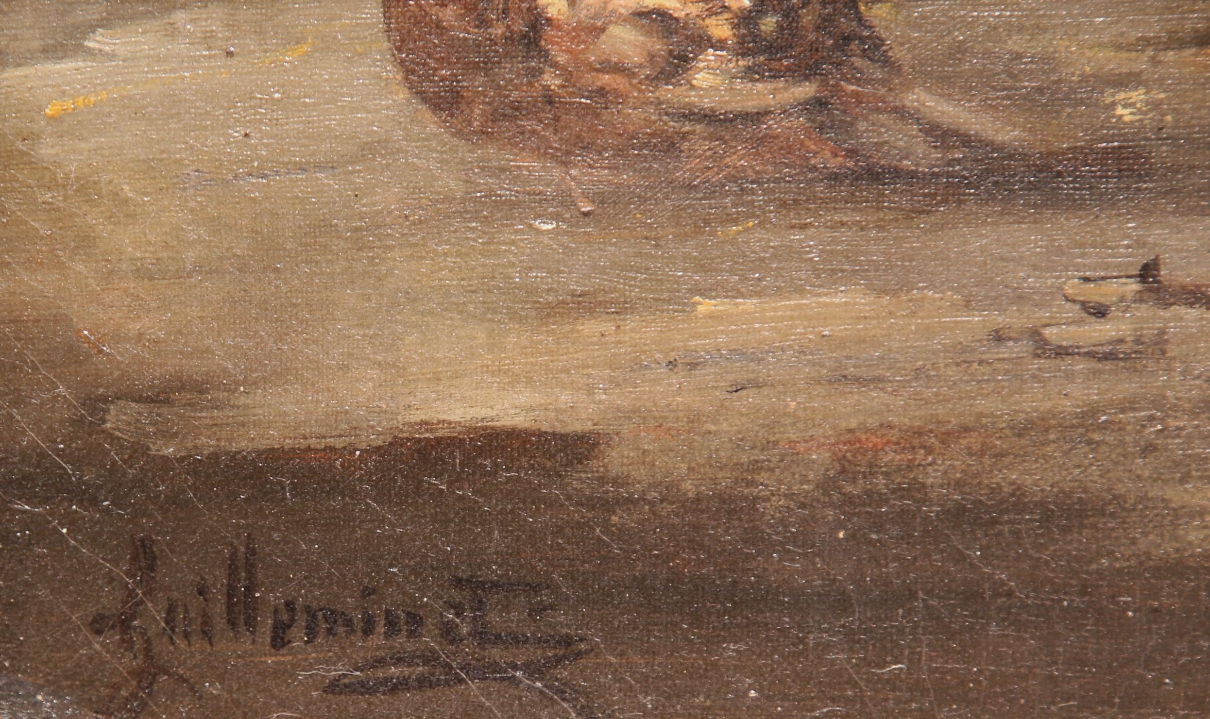 Français Peinture à l'huile française du milieu du XIXe siècle représentant une basse-cour dans un cadre doré, signée C. Guilleminet