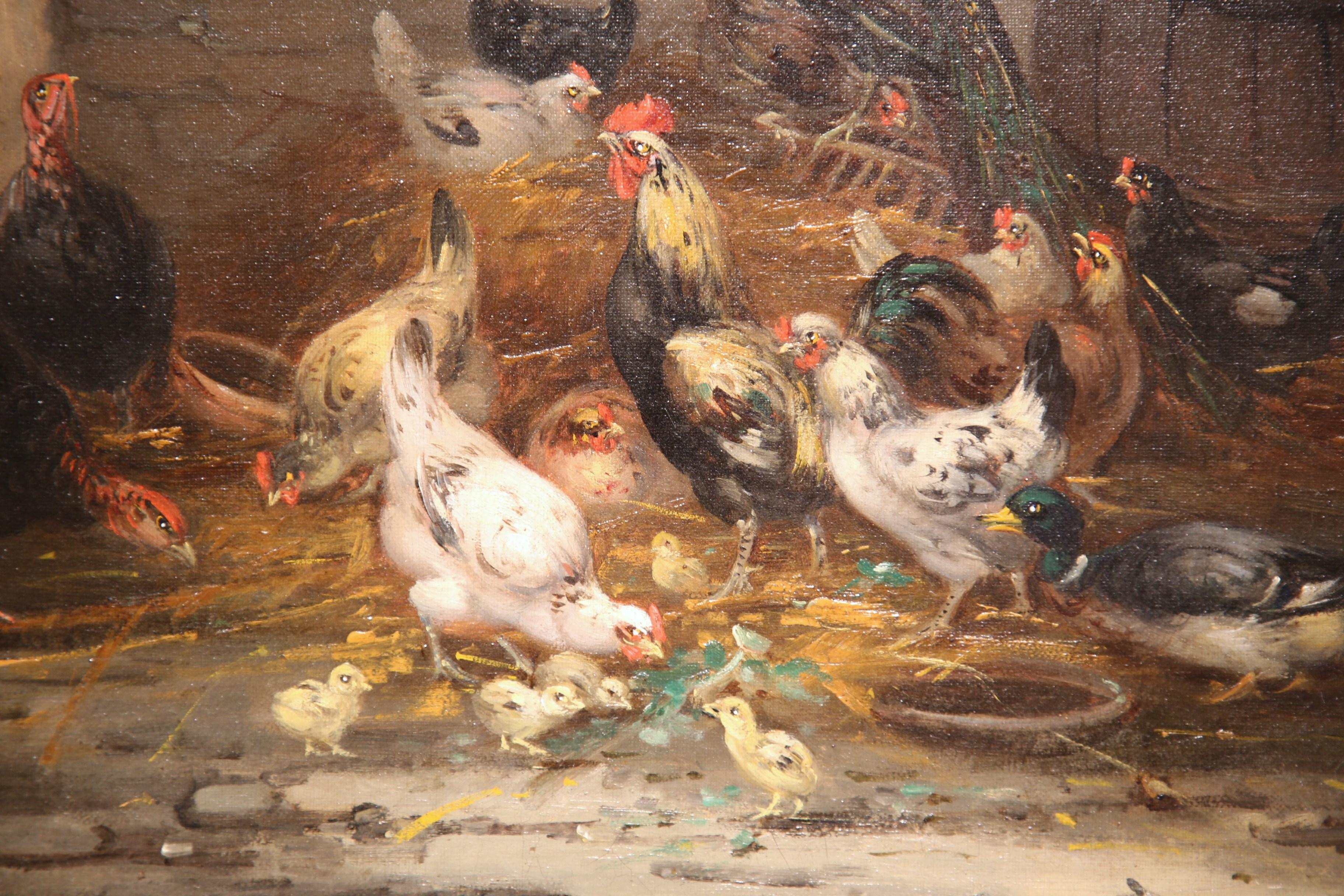 Mid-19th Century French Chicken Oil Painting in Gilt Frame Signed C. Guilleminet In Excellent Condition In Dallas, TX