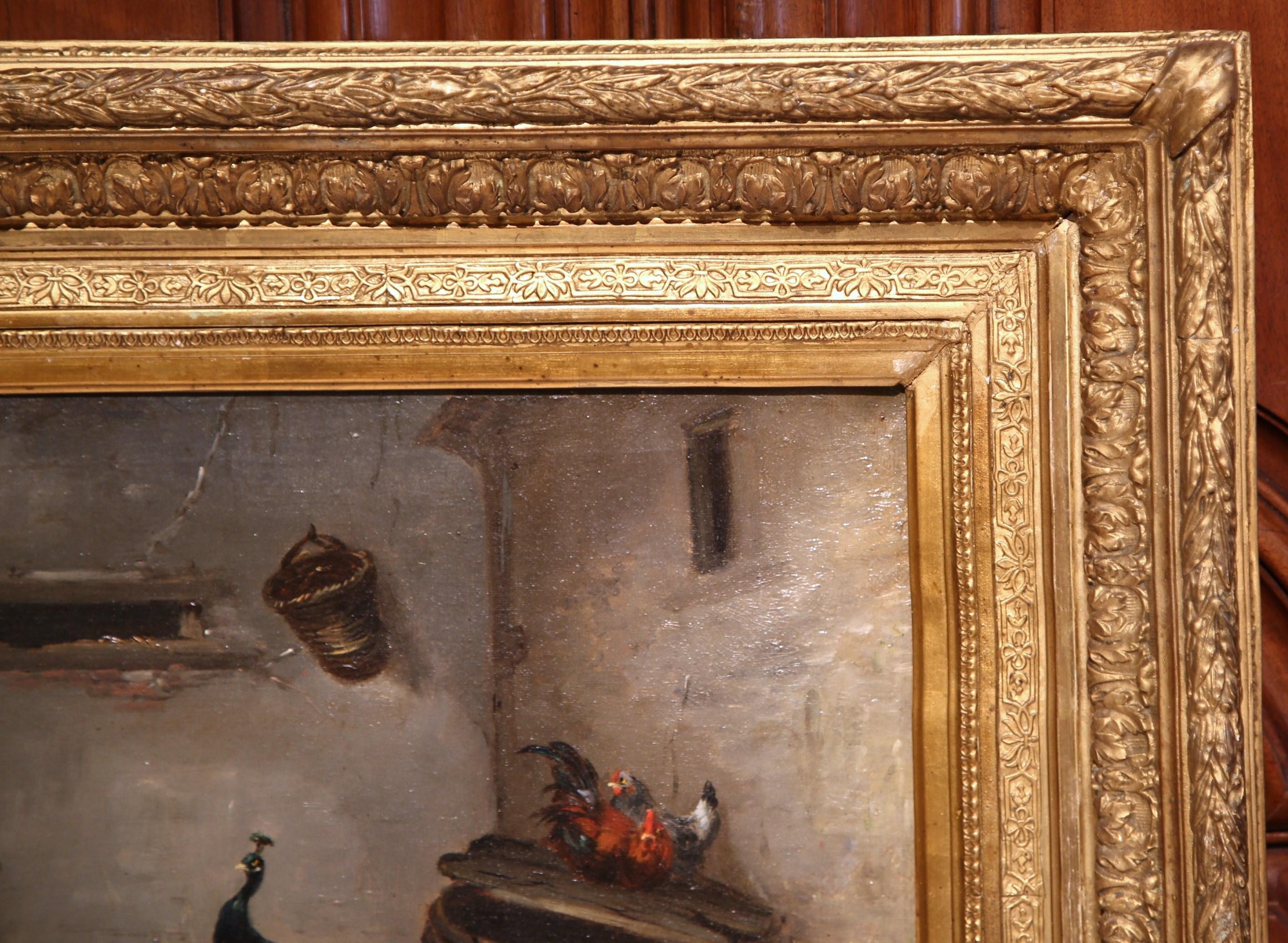 Peinture à l'huile française du milieu du XIXe siècle représentant une basse-cour dans un cadre doré, signée C. Guilleminet Excellent état à Dallas, TX