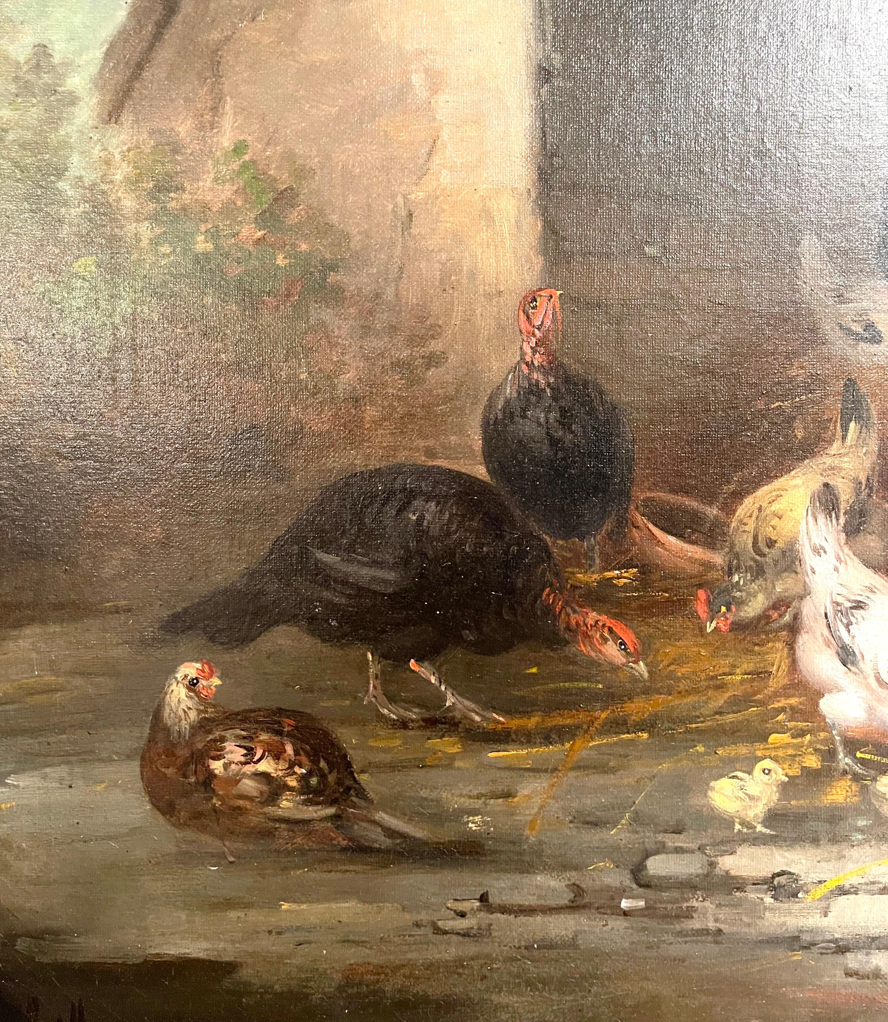 Mid-19th Century French Chicken Oil Painting in Gilt Frame Signed C. Guilleminet 1