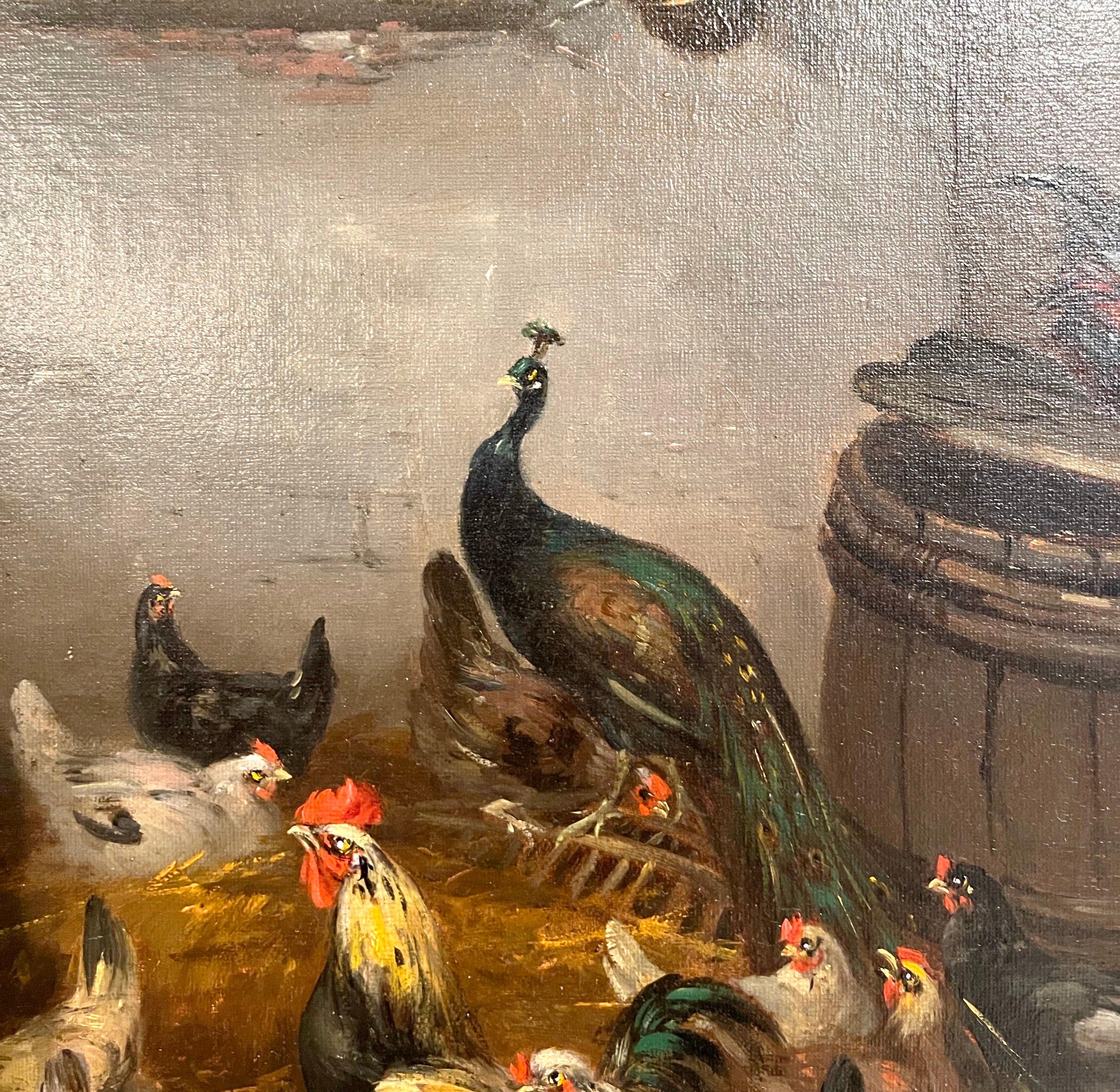 Peinture à l'huile française du milieu du XIXe siècle représentant une basse-cour dans un cadre doré, signée C. Guilleminet 1