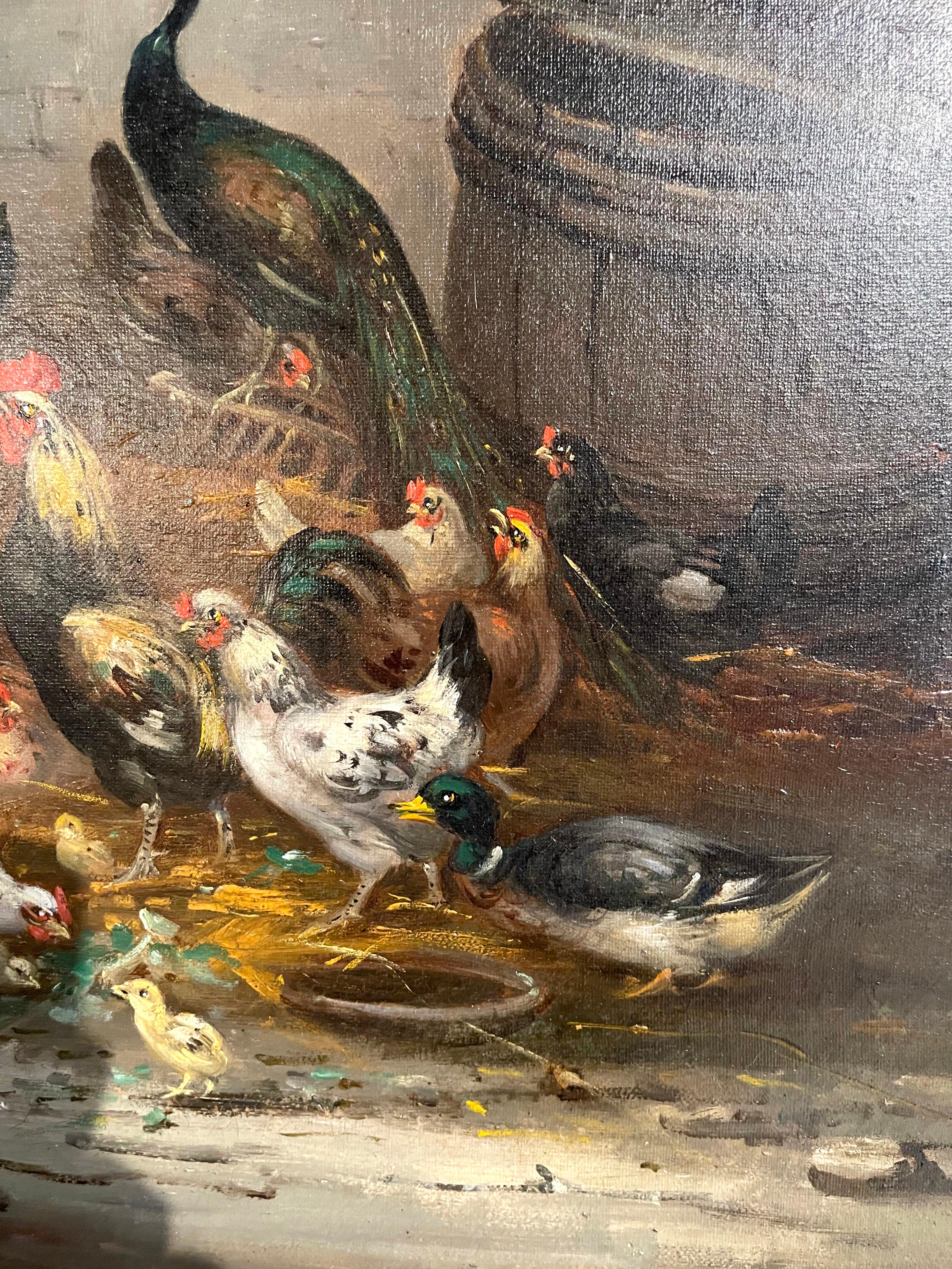 Mid-19th Century French Chicken Oil Painting in Gilt Frame Signed C. Guilleminet 4