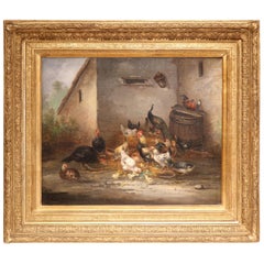 Mid-19th Century French Chicken Oil Painting in Gilt Frame Signed C. Guilleminet