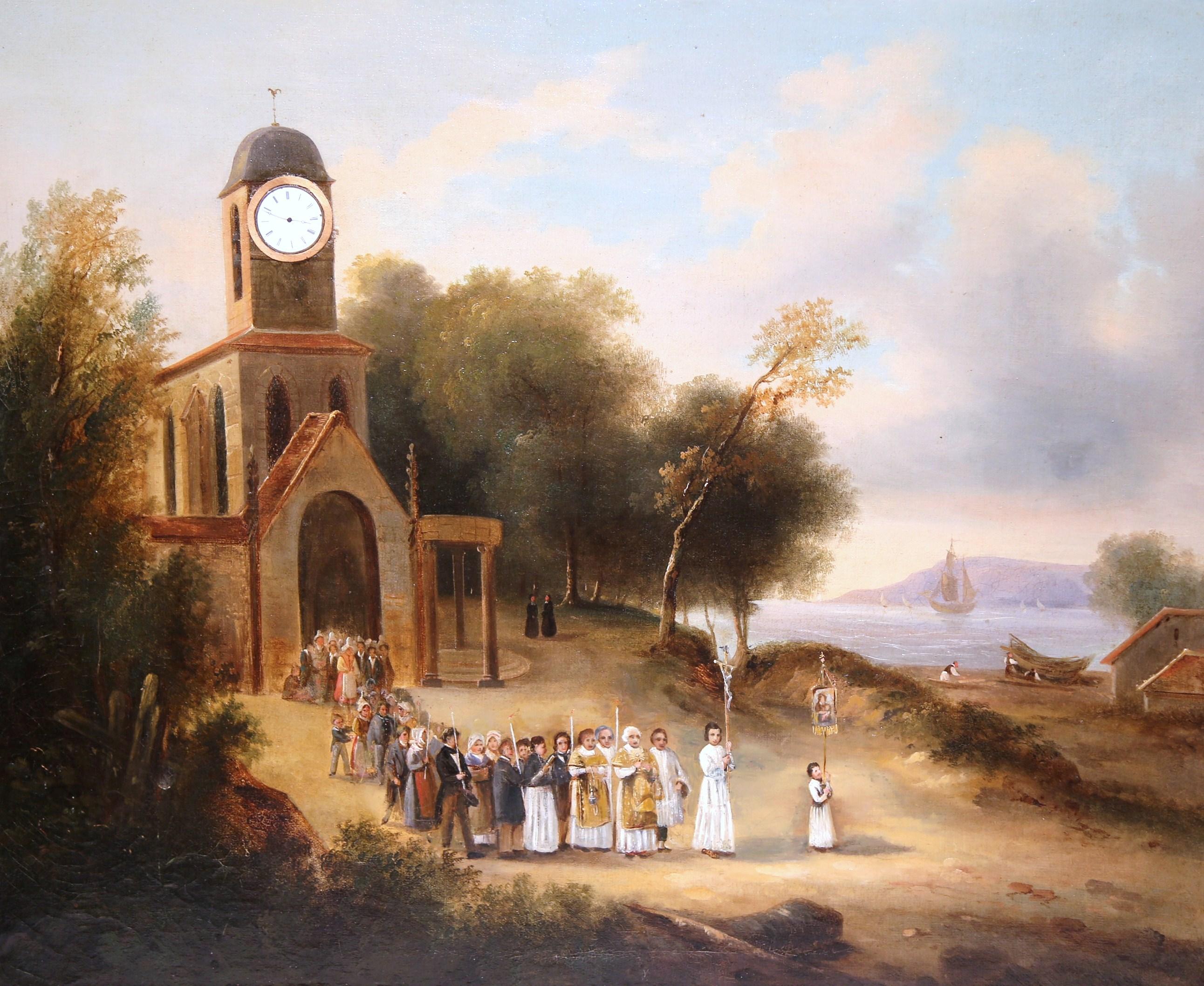 This fine antique oil on canvas painting was purchased in Versailles, France circa 1830. The scene depicts a religious scene 