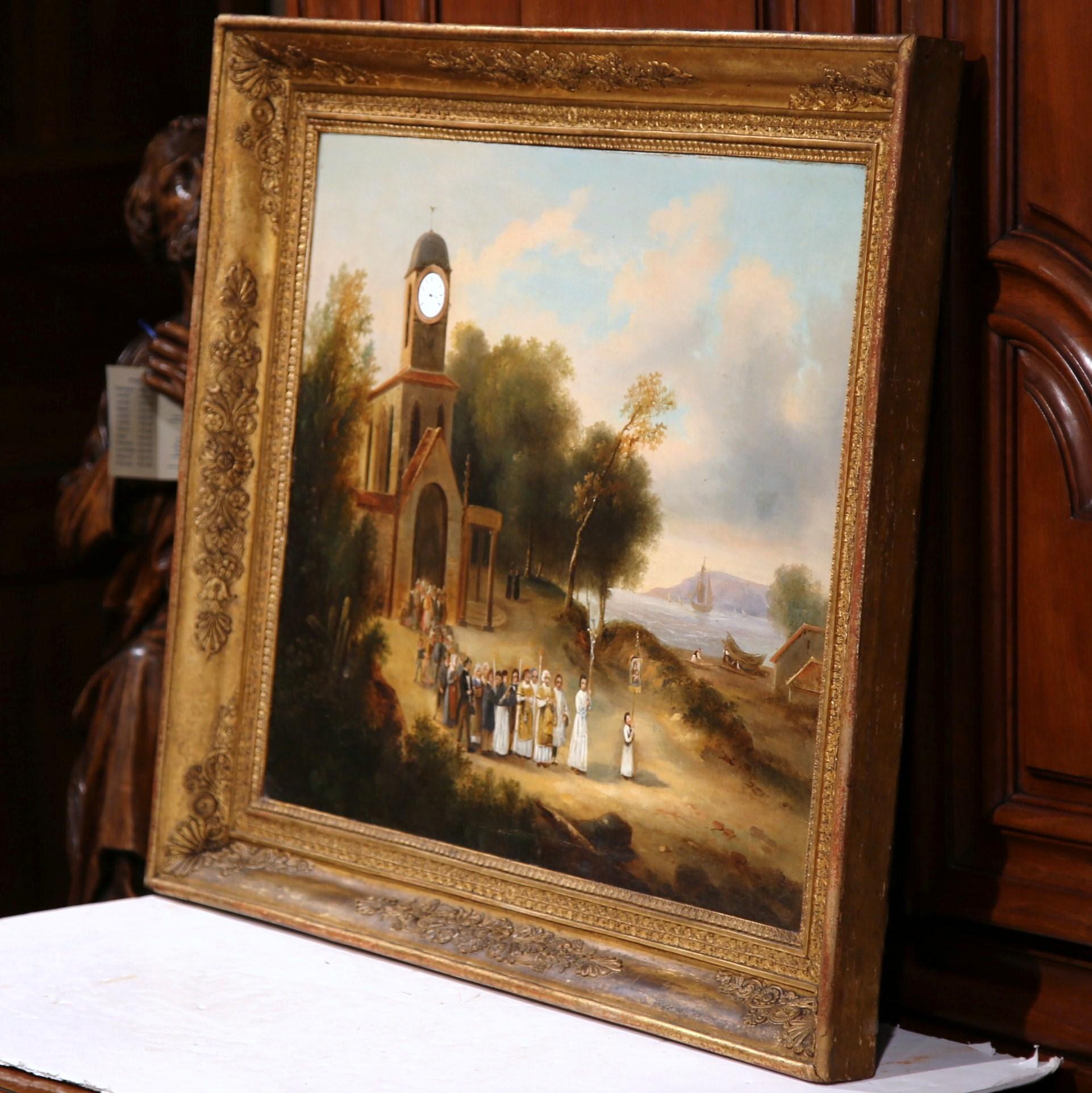 Canvas Mid-19th Century French Church Oil Painting 'La Procession' in Carved Gilt Frame