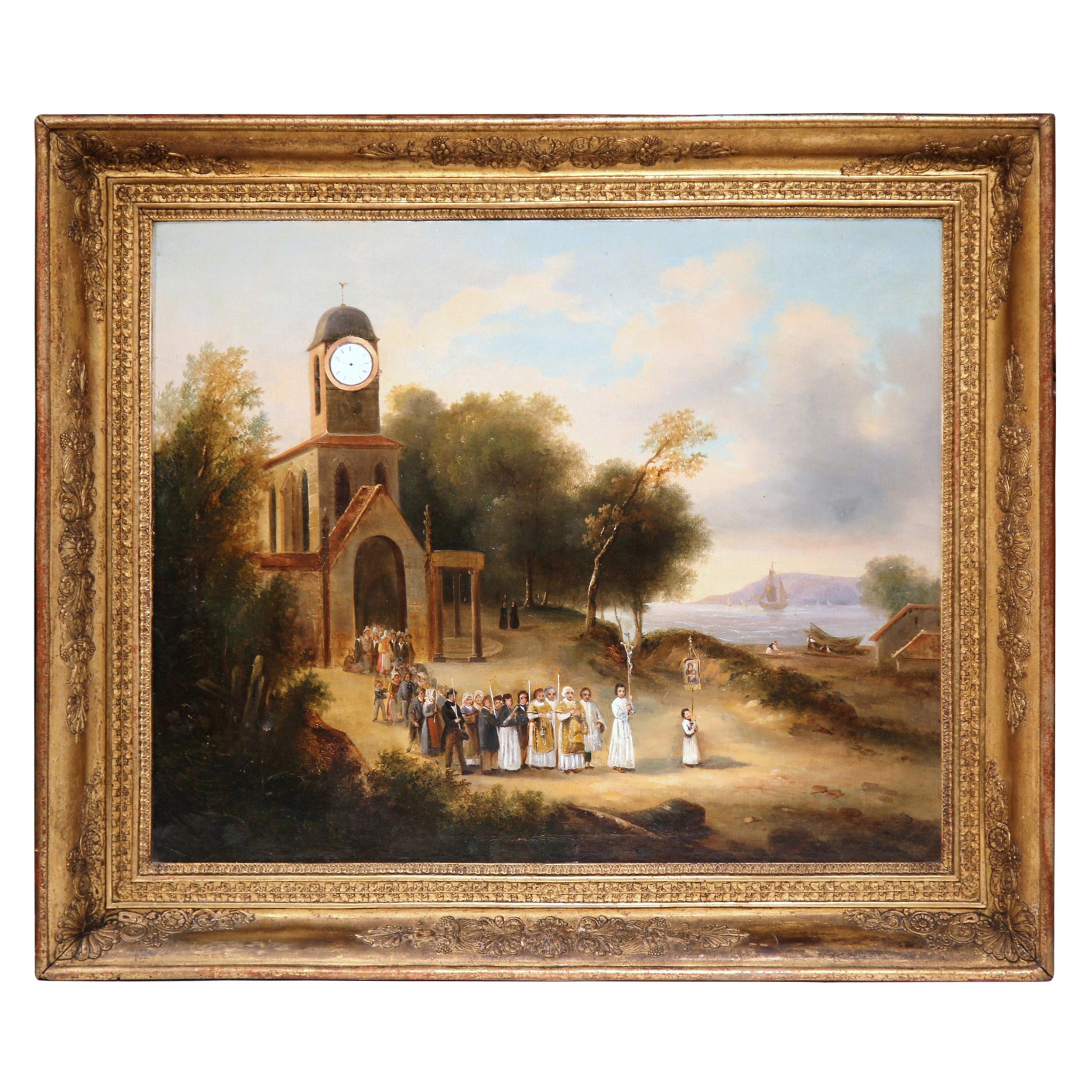 Mid-19th Century French Church Oil Painting 'La Procession' in Carved Gilt Frame