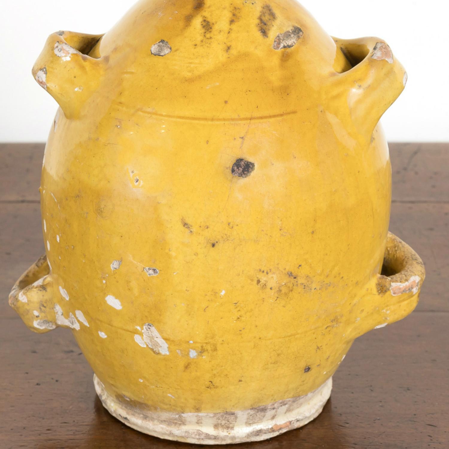 Mid-19th Century French Conscience Water or Olive Oil Jug with Yellow Glaze 5