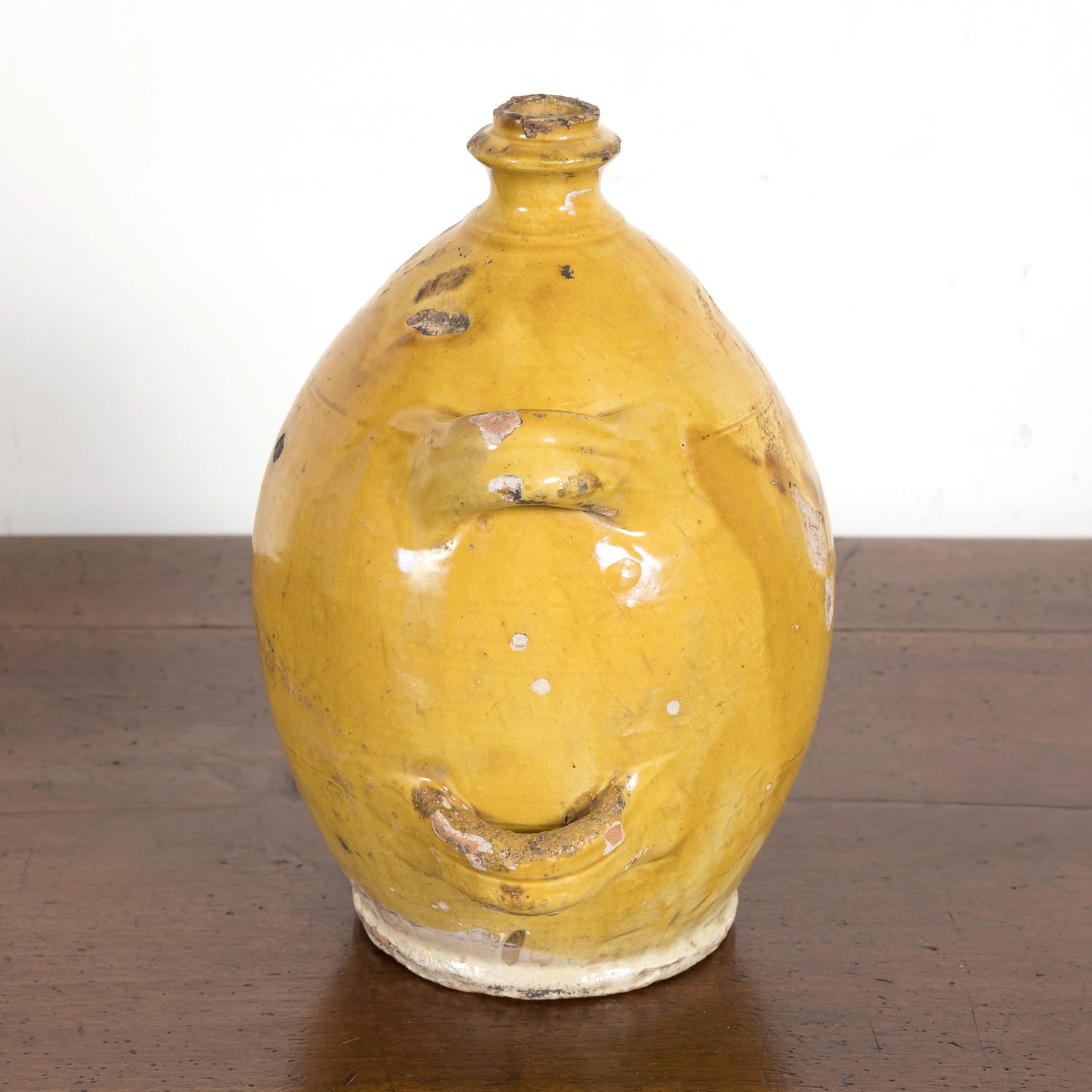 Mid-19th Century French Conscience Water or Olive Oil Jug with Yellow Glaze In Good Condition In Birmingham, AL