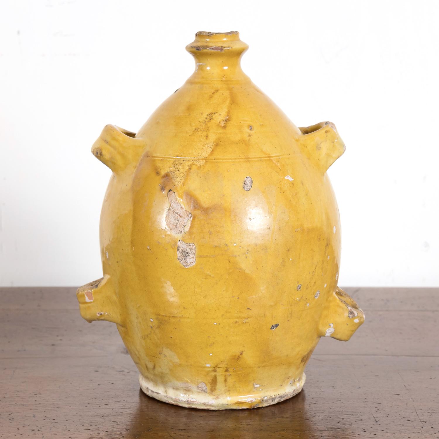 Mid-19th Century French Conscience Water or Olive Oil Jug with Yellow Glaze 1
