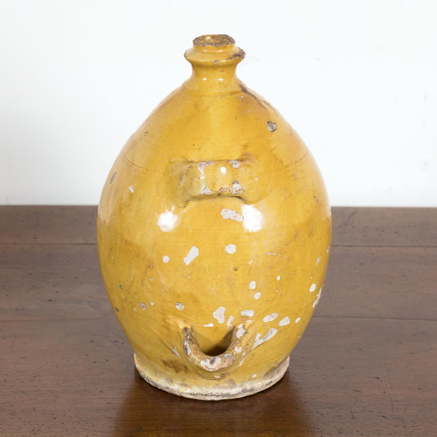 Mid-19th Century French Conscience Water or Olive Oil Jug with Yellow Glaze 2