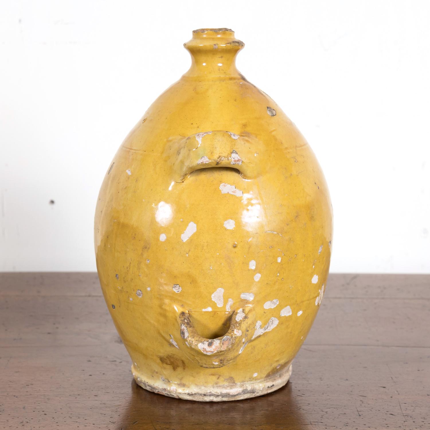 Mid-19th Century French Conscience Water or Olive Oil Jug with Yellow Glaze 3