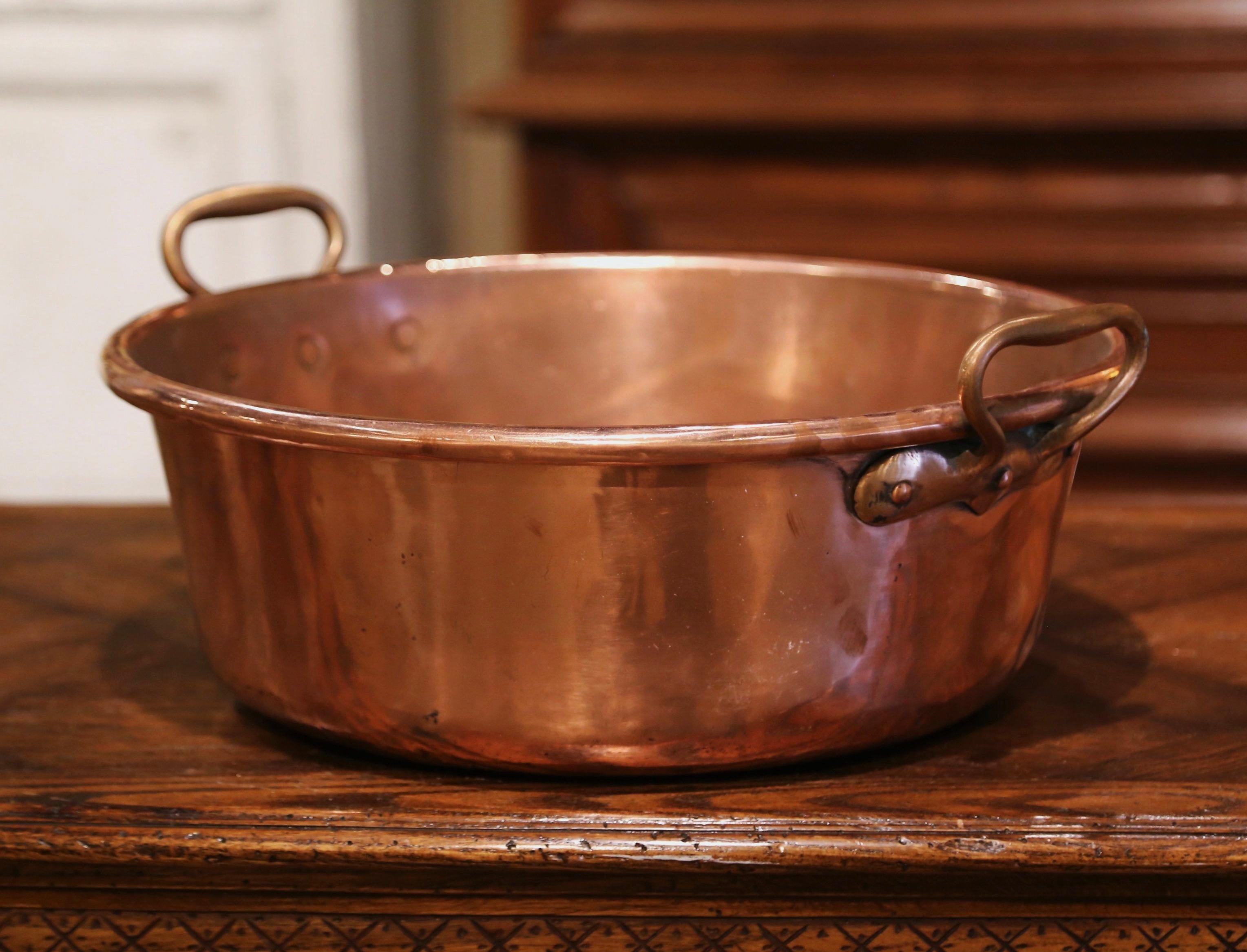 Country Mid-19th Century French Copper and Brass Jelly Boiling Bowl with Handles