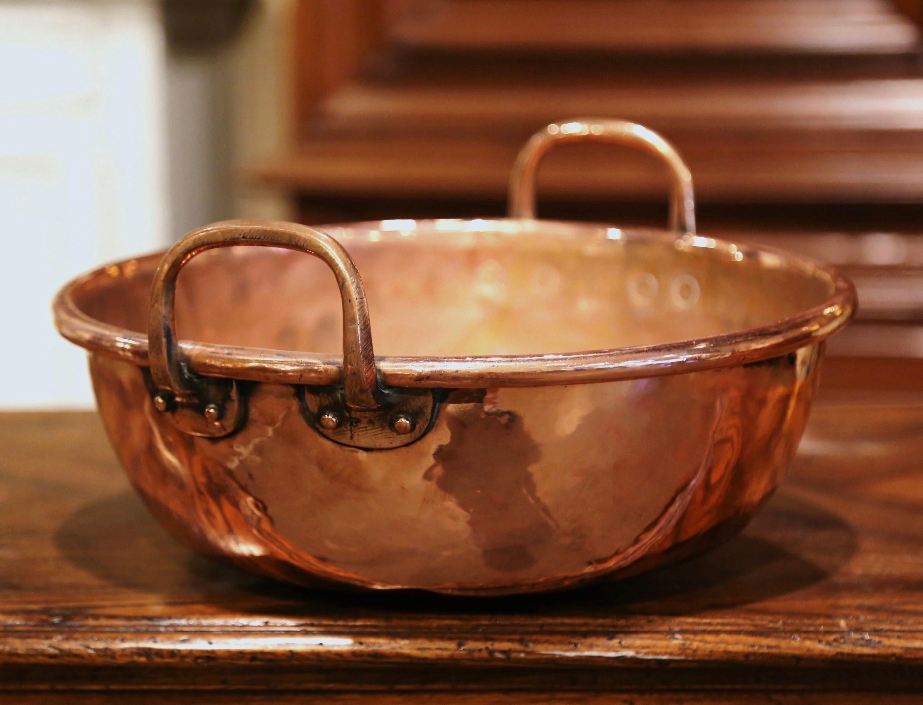 Country Mid-19th Century French Copper Jelly and Jam Boiling Bowl with Brass Handles