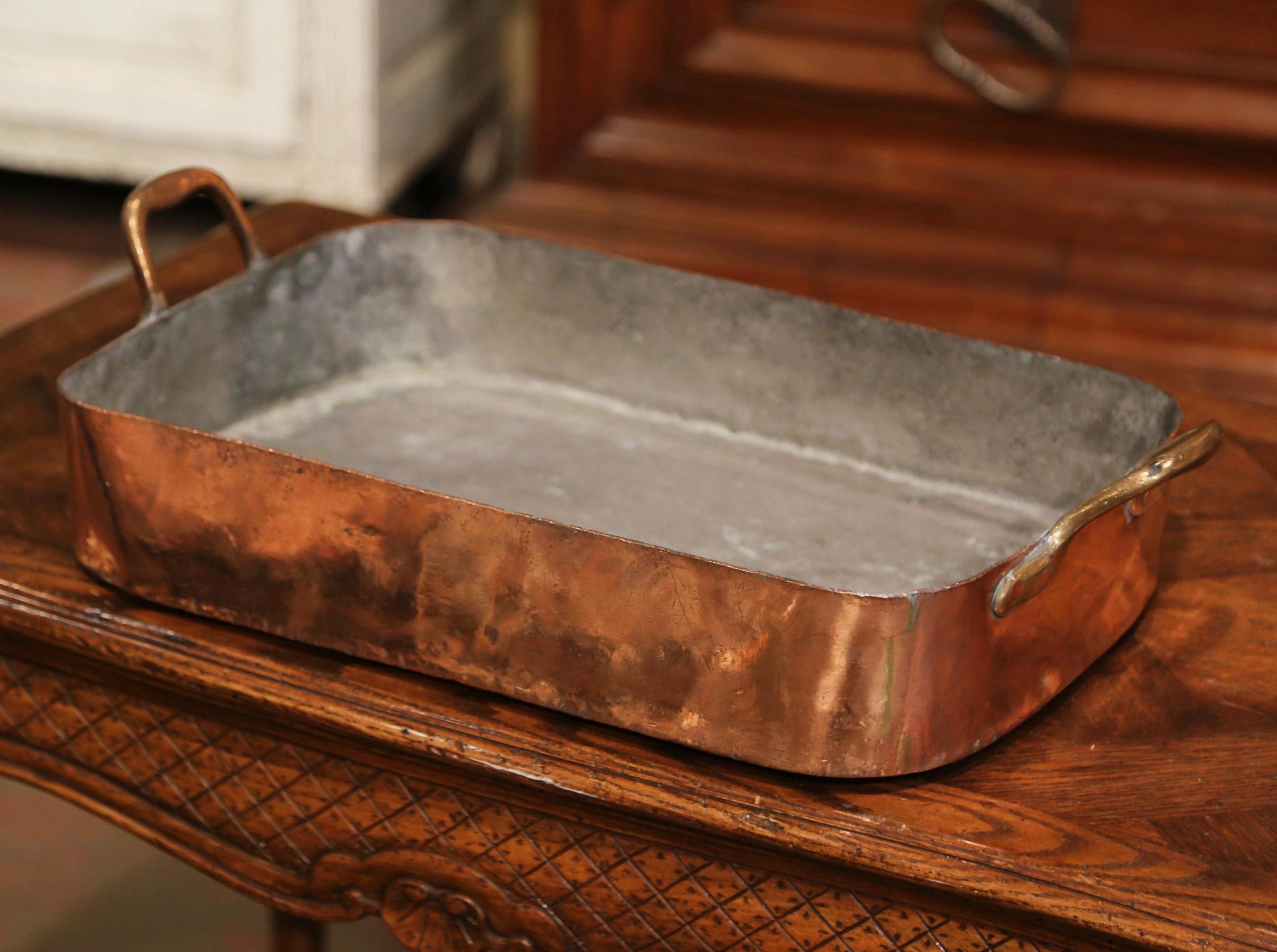 Hand-Crafted Mid-19th Century French Copper Kitchen Food Dish with Brass Handles