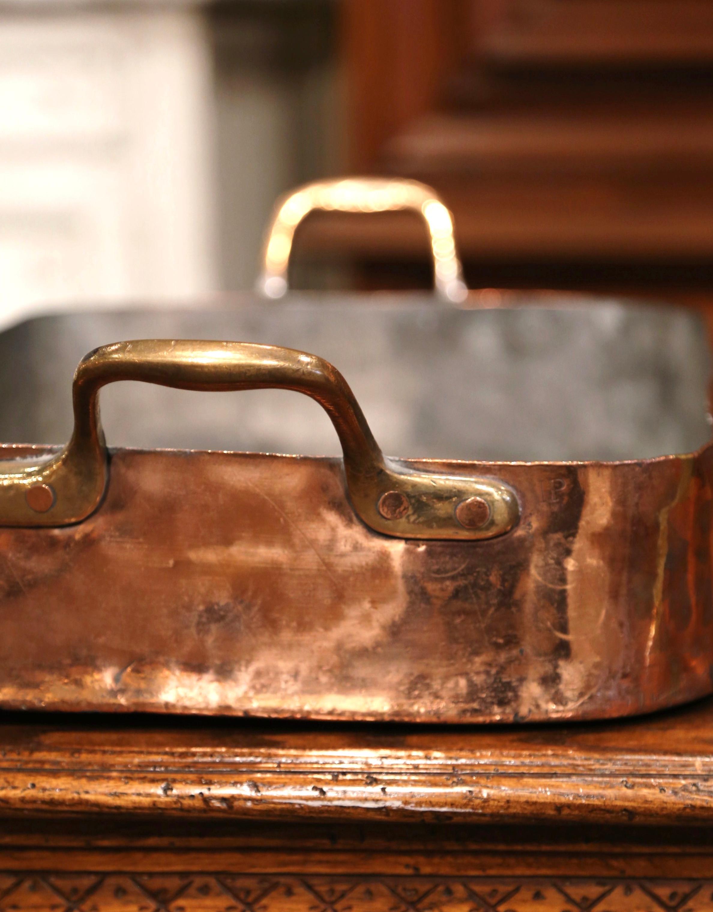 Mid-19th Century French Copper Kitchen Food Dish with Brass Handles 1