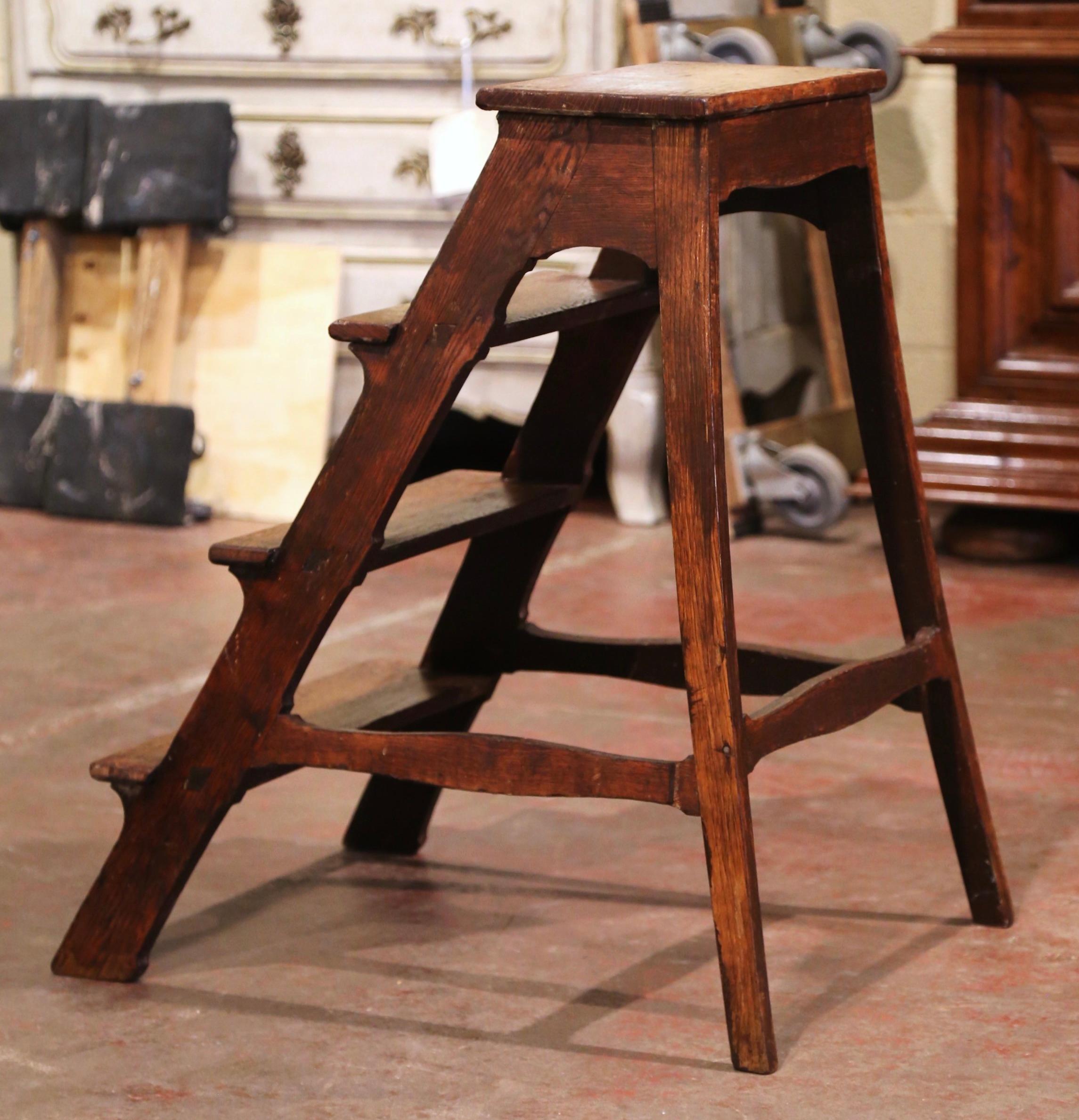 Rustic Mid-19th Century French Country Carved Oak Library Step Ladder