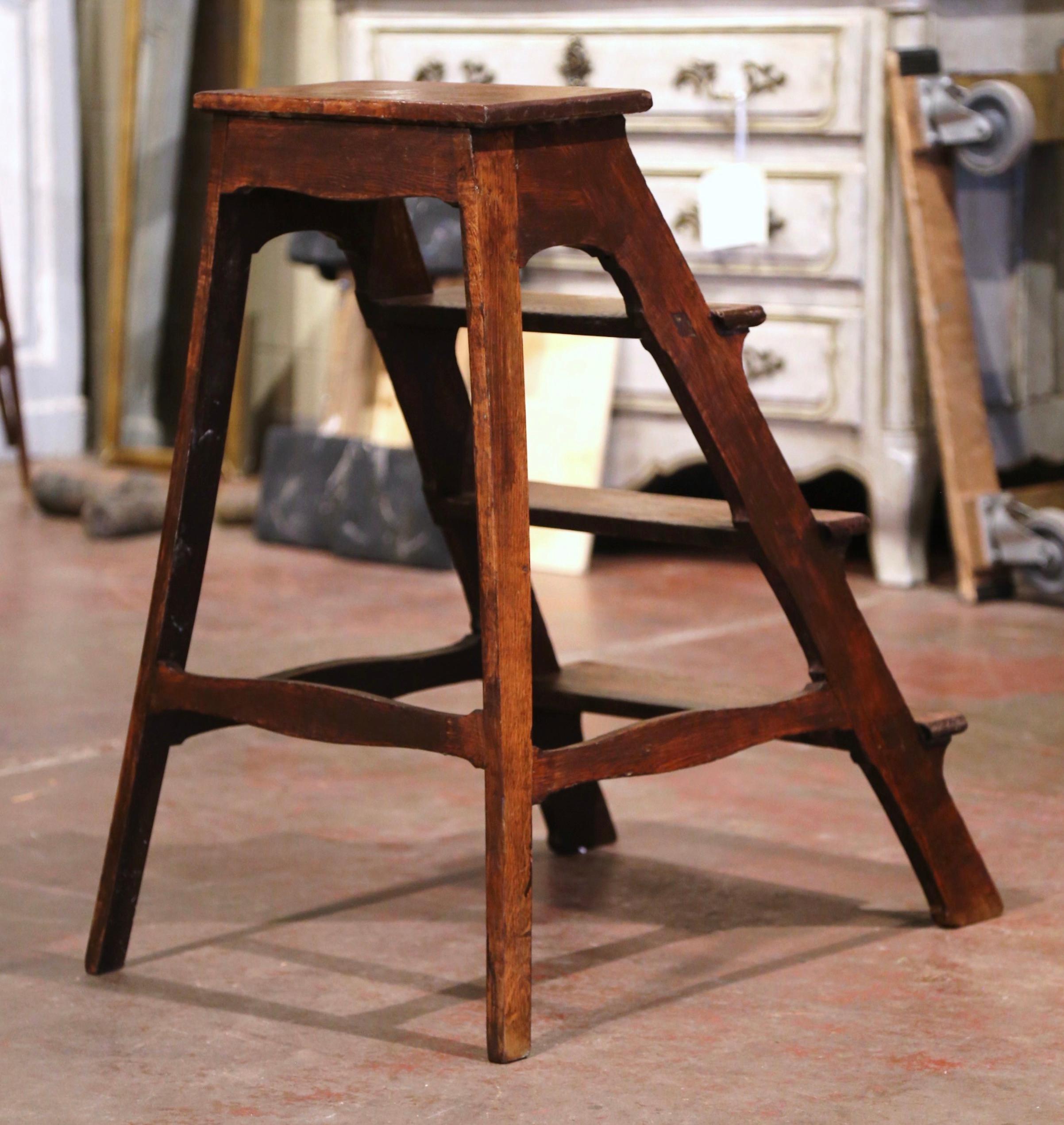 Patinated Mid-19th Century French Country Carved Oak Library Step Ladder