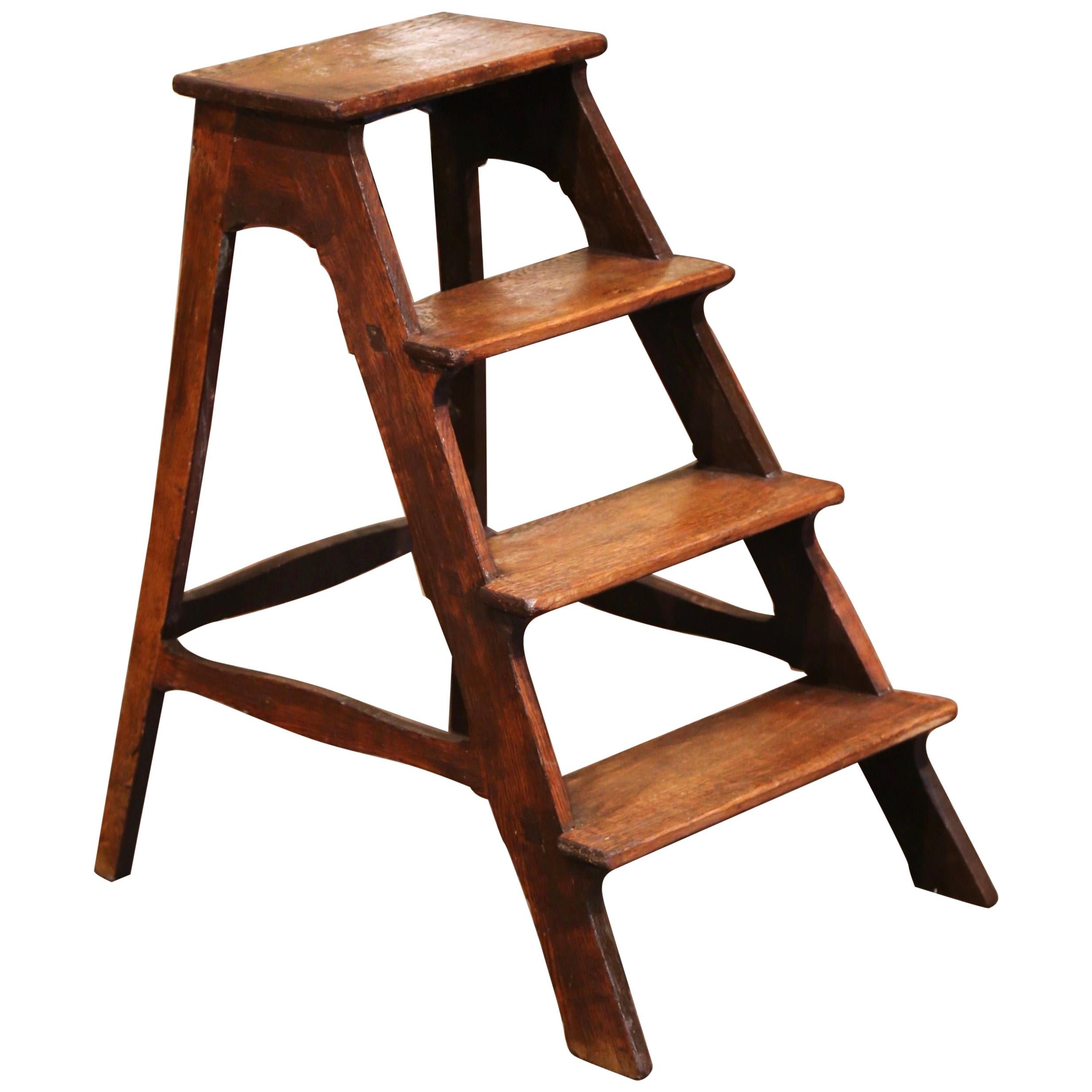 Mid-19th Century French Country Carved Oak Library Step Ladder