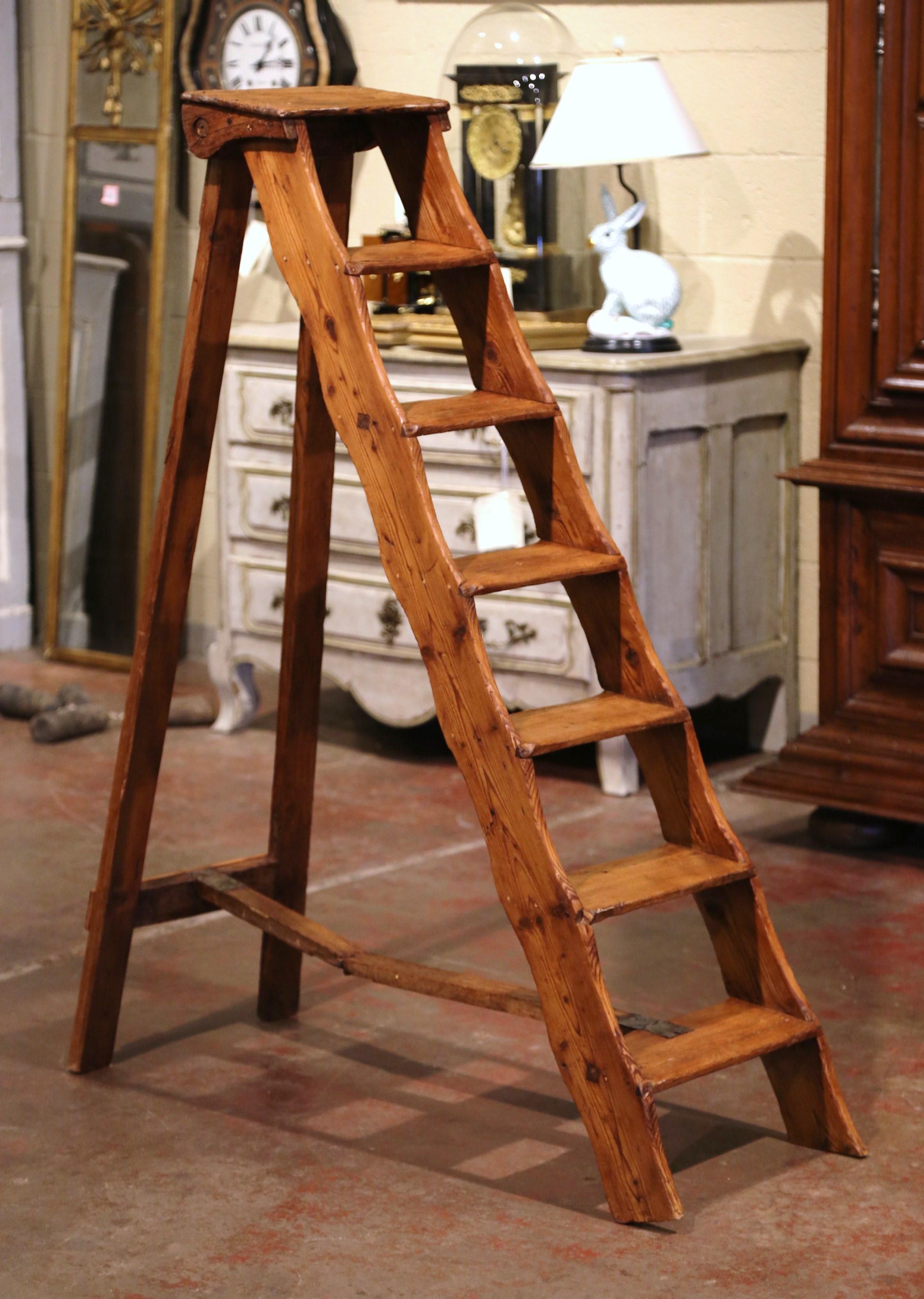 Rustic Mid-19th Century French Country Carved Pine Library Step Ladder from Normandy