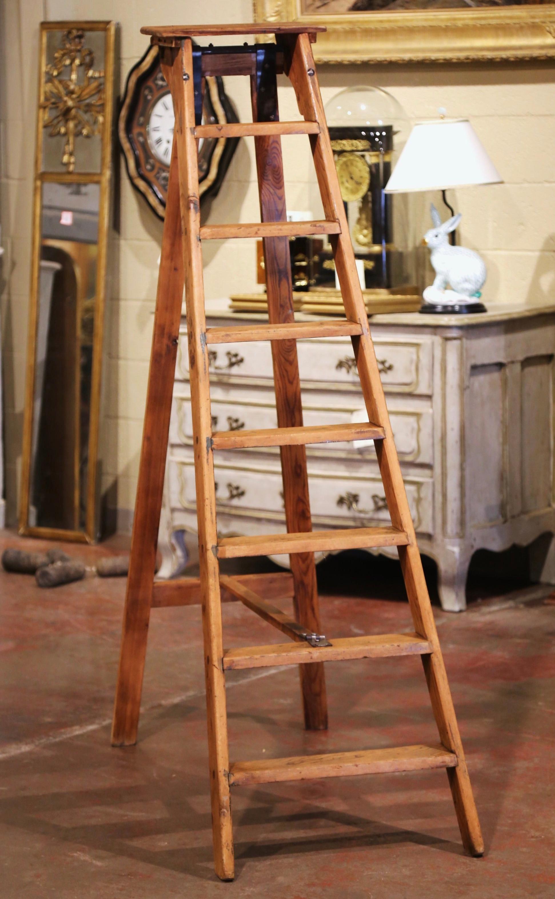 Rustic Mid-19th Century French Country Carved Pine Library Step Ladder from Normandy