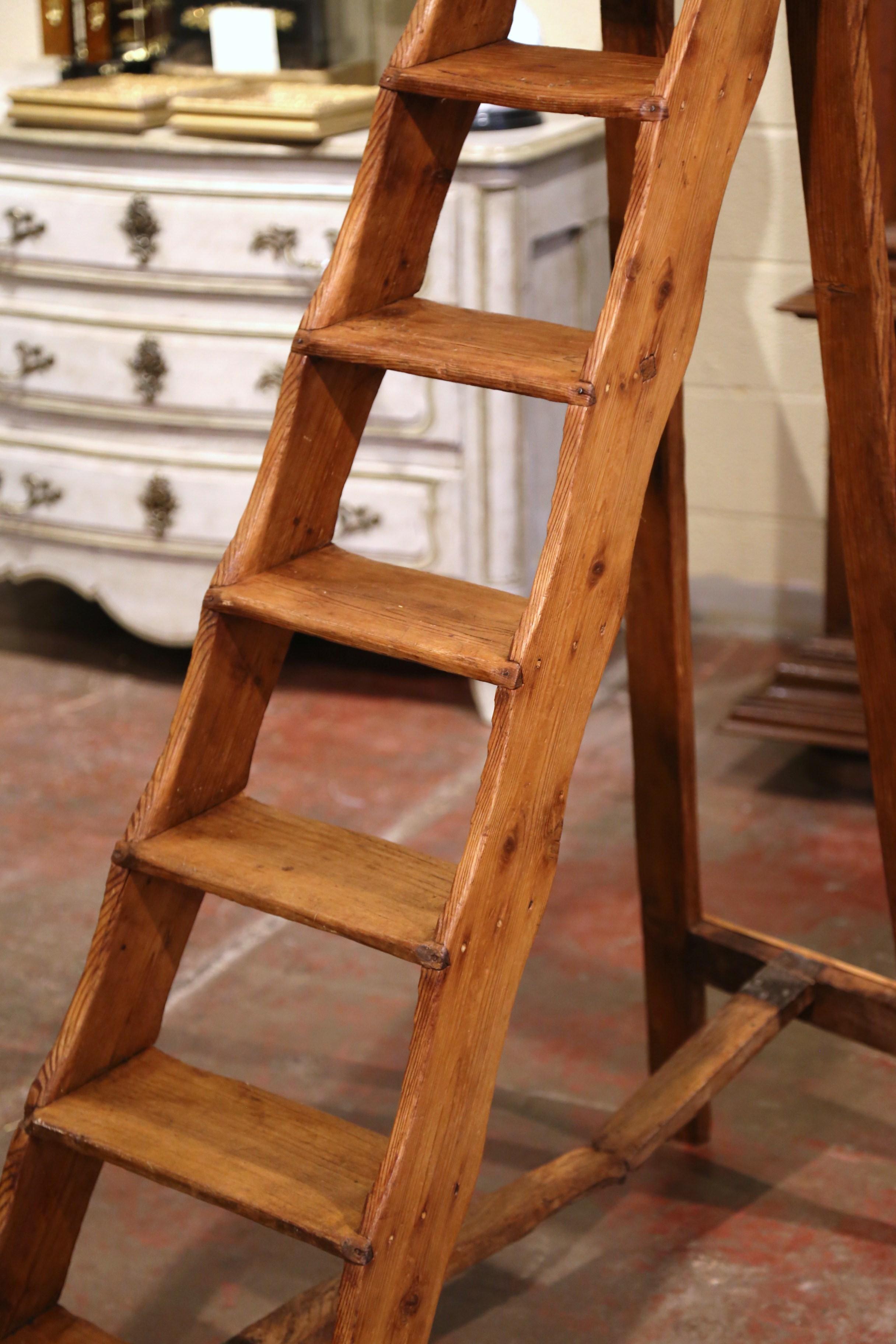 Patinated Mid-19th Century French Country Carved Pine Library Step Ladder from Normandy