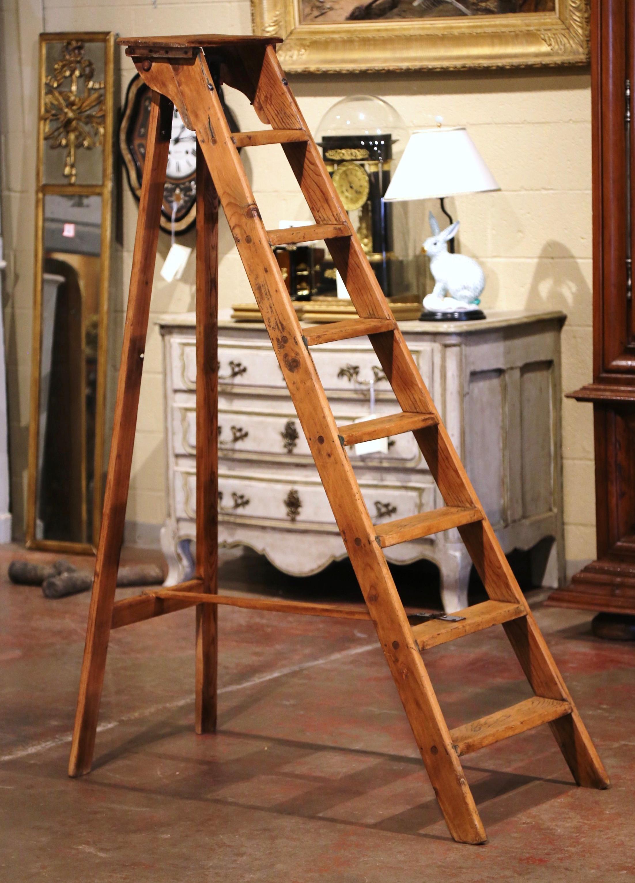 Patinated Mid-19th Century French Country Carved Pine Library Step Ladder from Normandy
