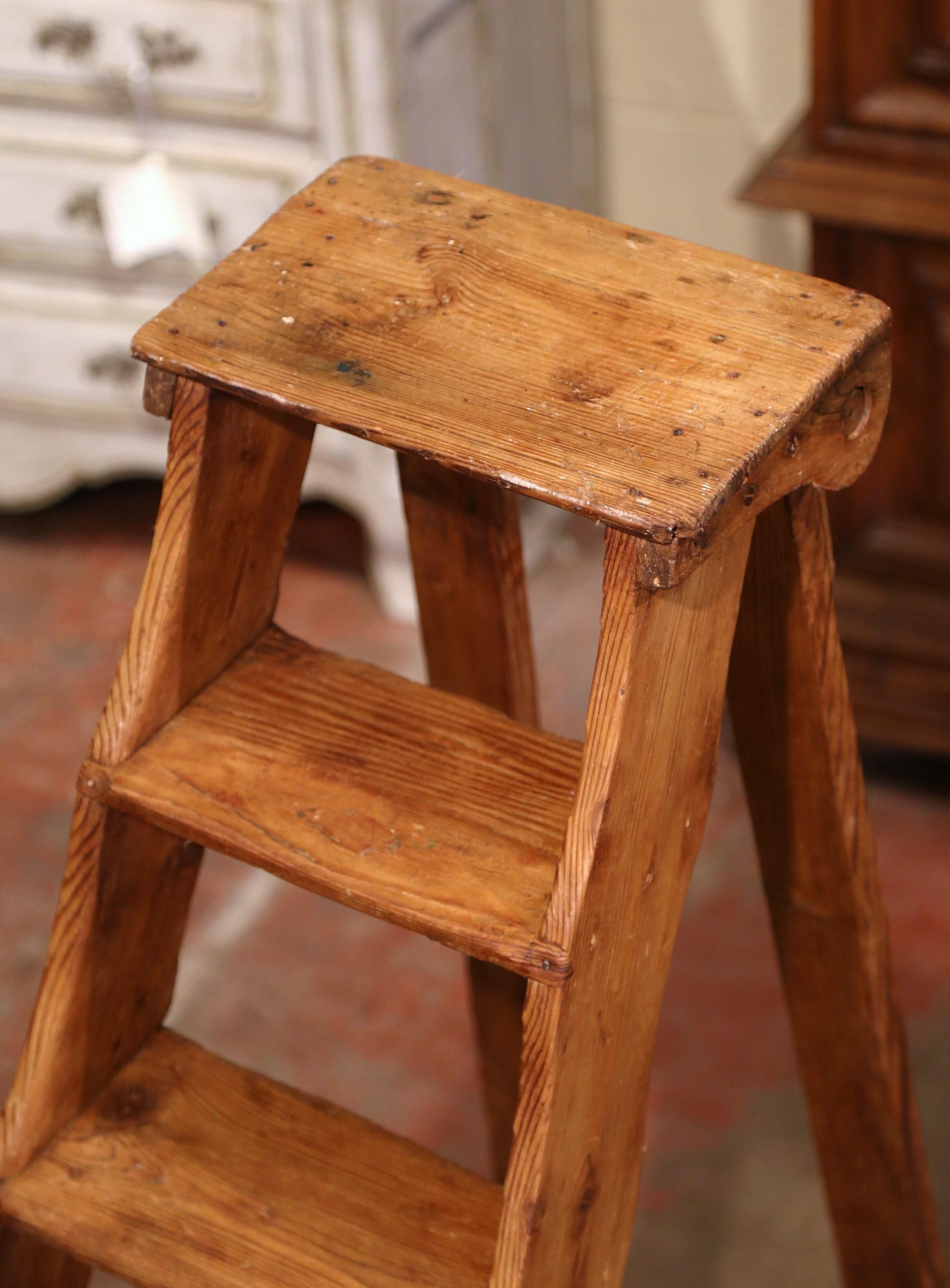 Mid-19th Century French Country Carved Pine Library Step Ladder from Normandy 1