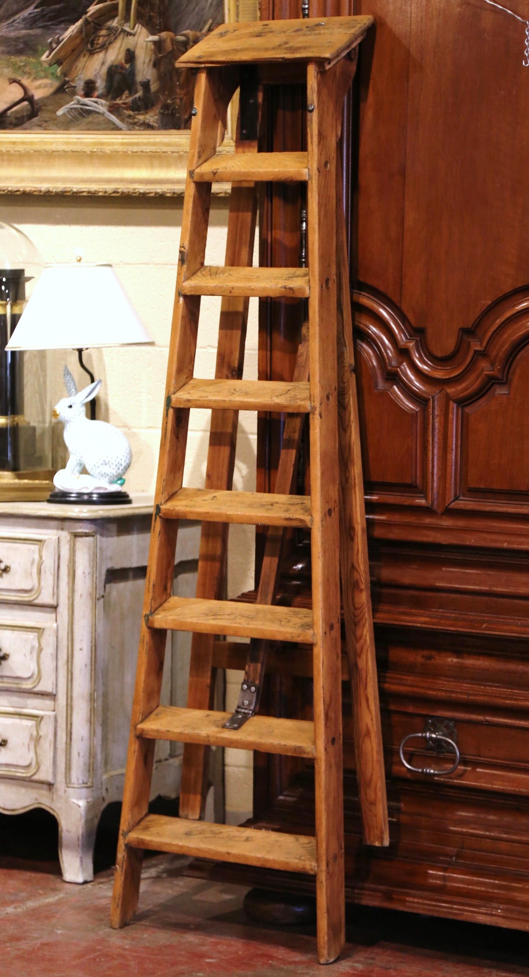 Mid-19th Century French Country Carved Pine Library Step Ladder from Normandy 4