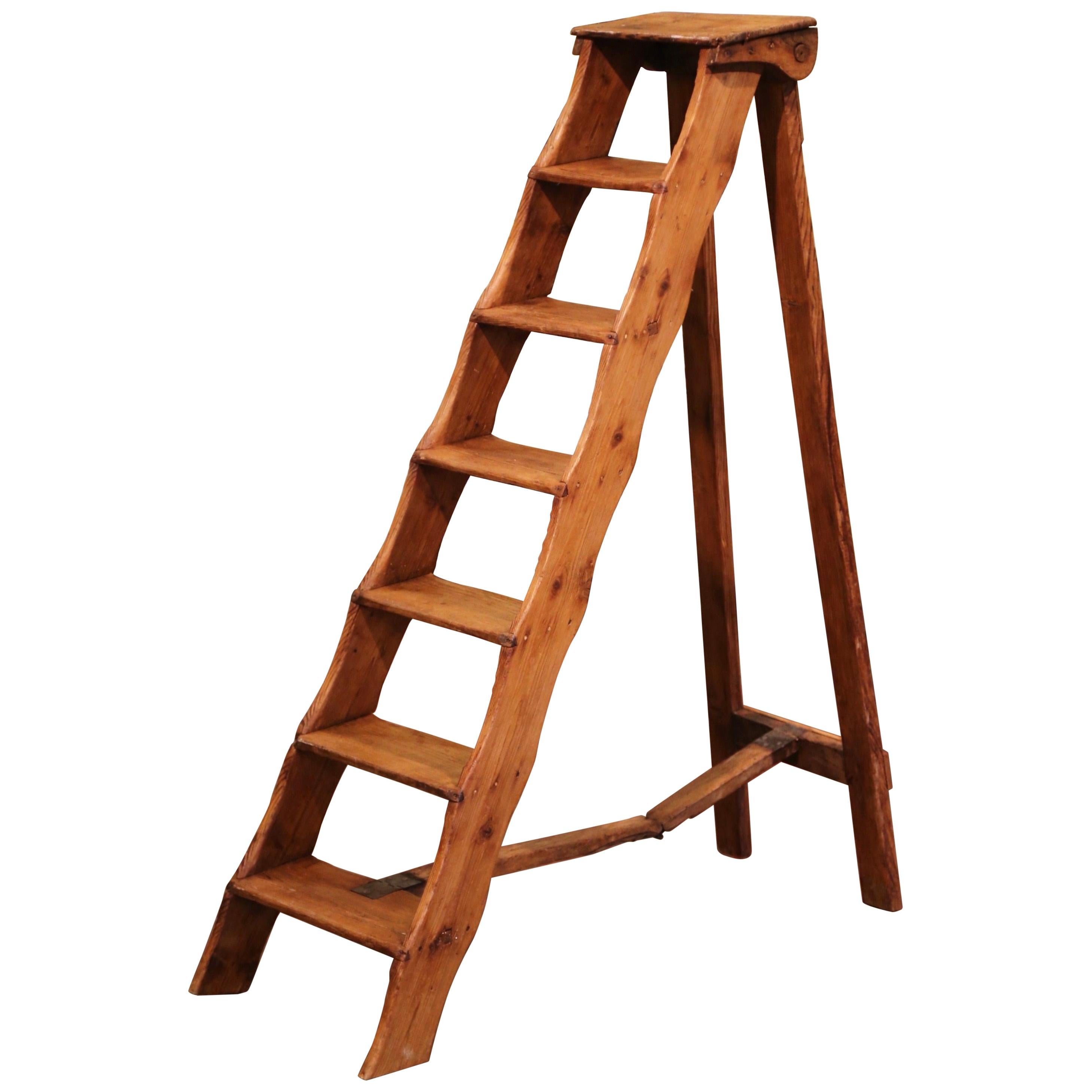 Mid-19th Century French Country Carved Pine Library Step Ladder from Normandy
