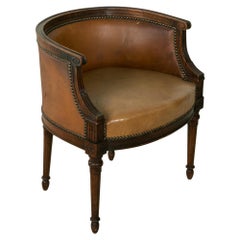 Antique Mid-19th Century French Directoire Style Walnut Vanity Chair, Bergere, Leather