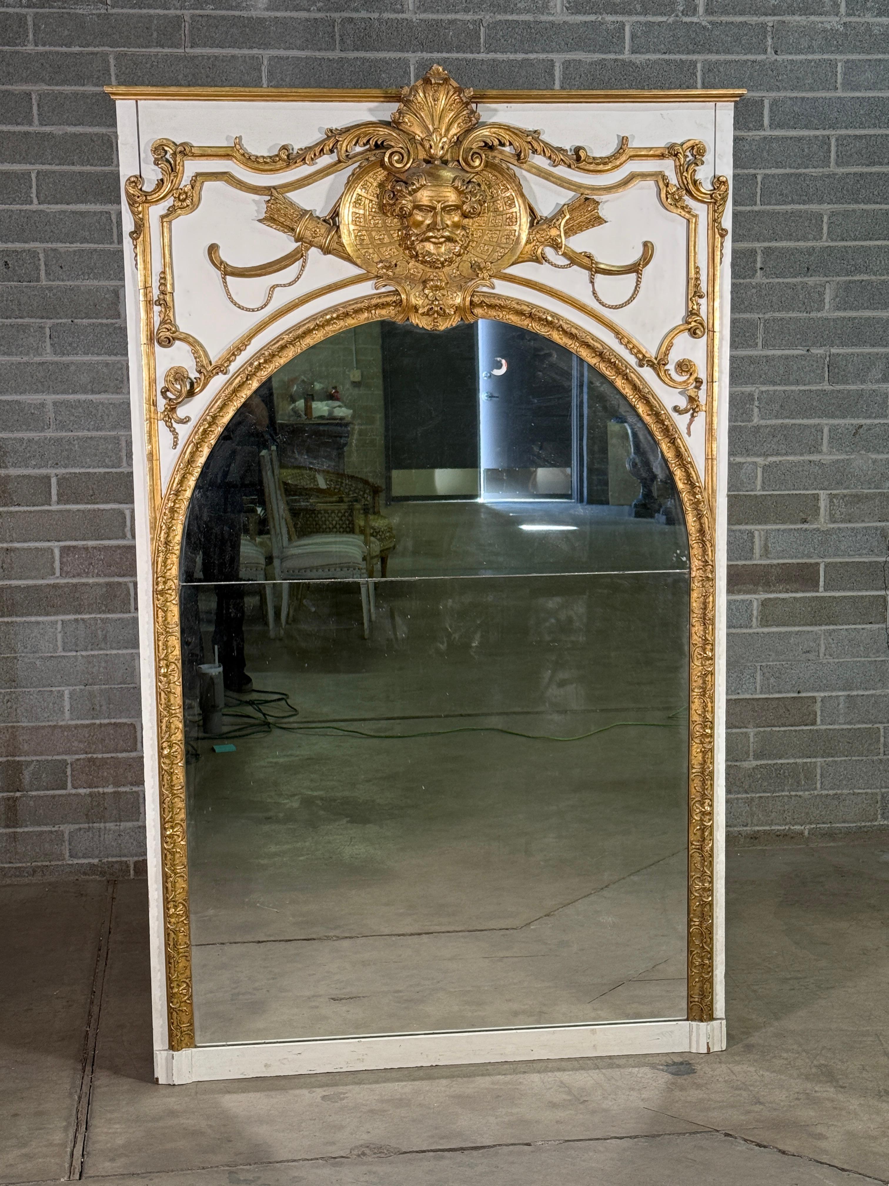 Mid 19th Century French Elaborate Painted & Gilded Trumeau Mirror
Gorgeous mirror purchased in France. Age appropriate wear, see detailed photos. Message us with any questions. 