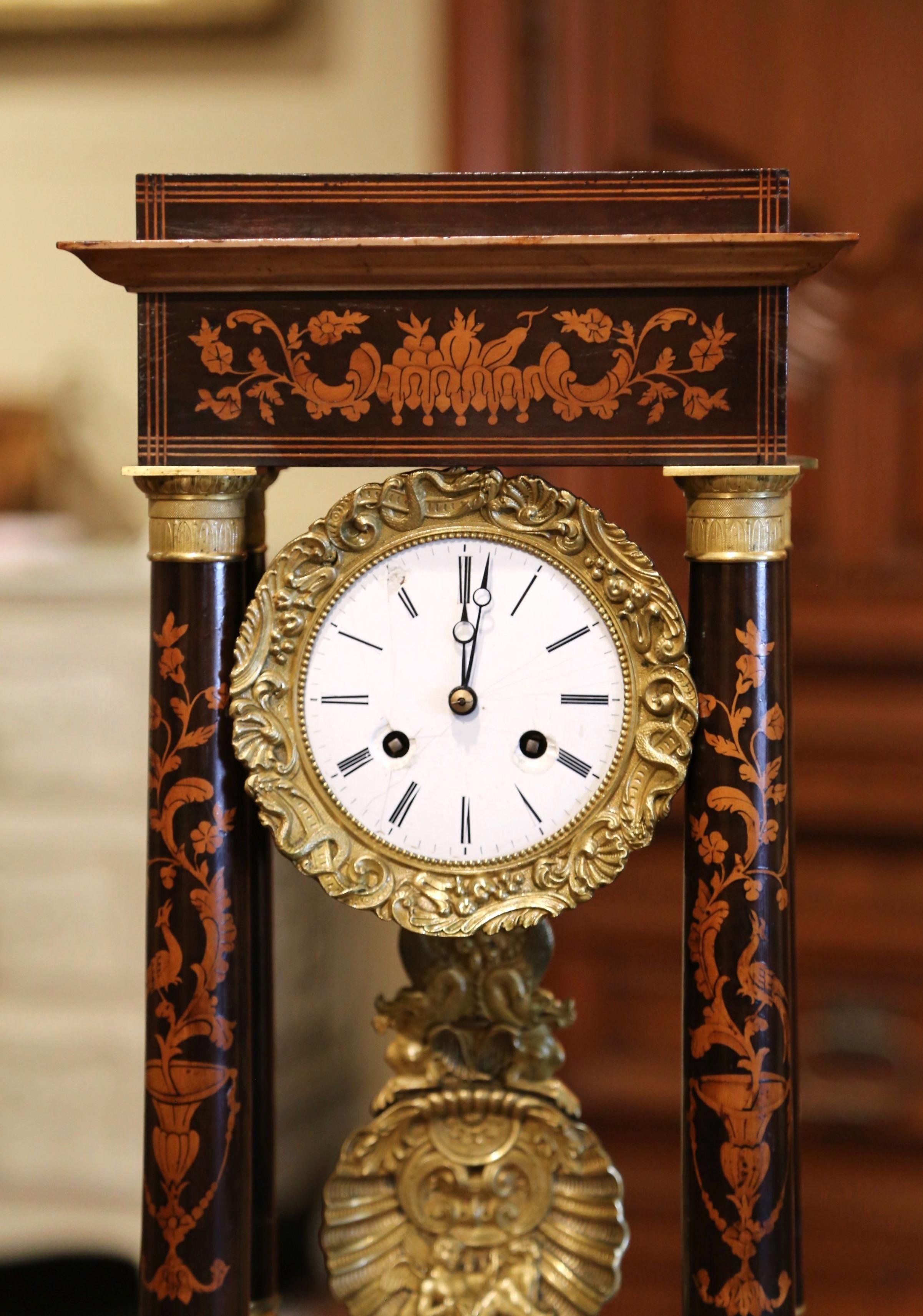 Hand-Carved Mid-19th Century French Empire Carved Walnut and Marquetry Portico Mantel Clock