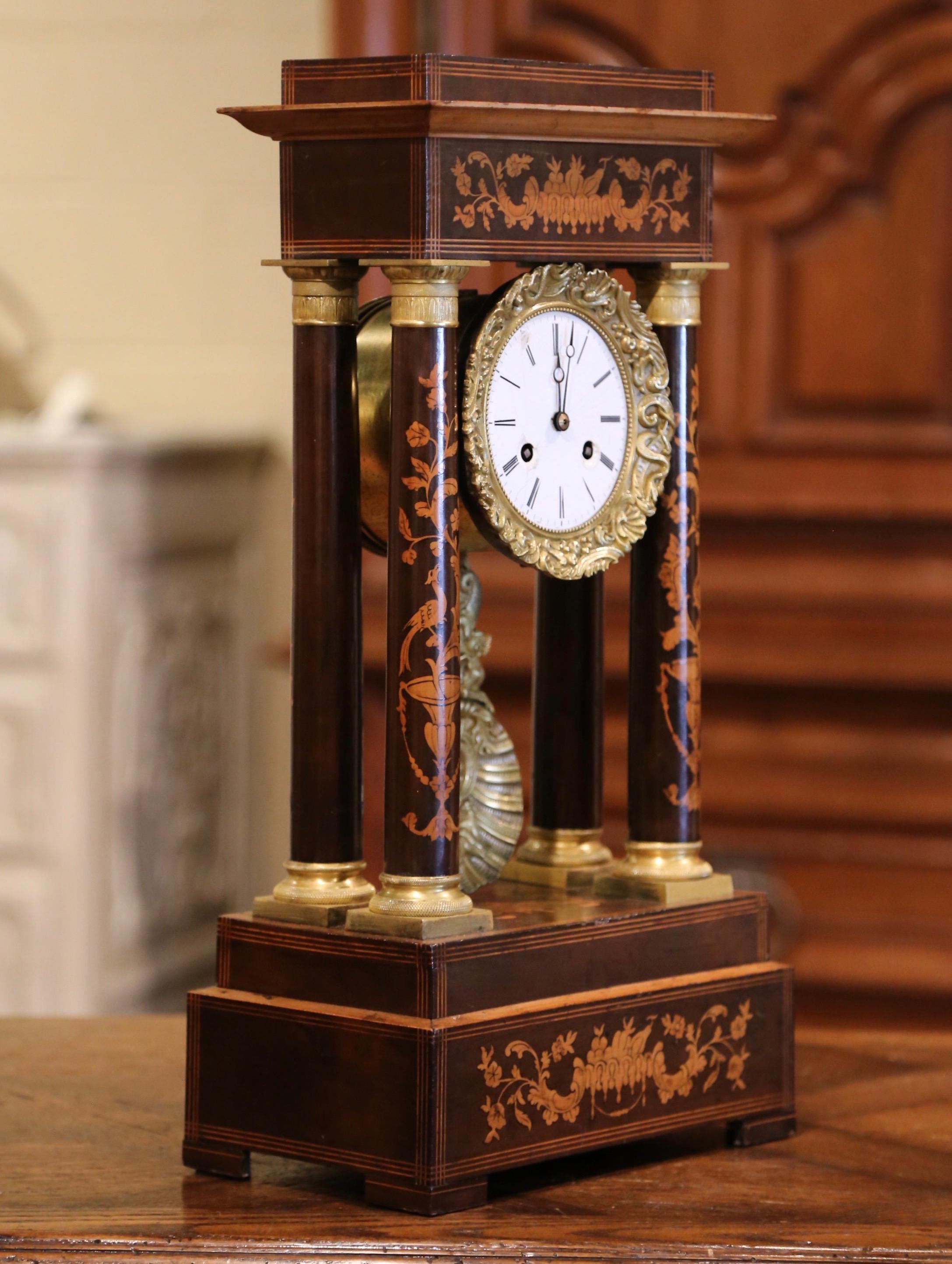 Mid-19th Century French Empire Carved Walnut and Marquetry Portico Mantel Clock In Excellent Condition In Dallas, TX