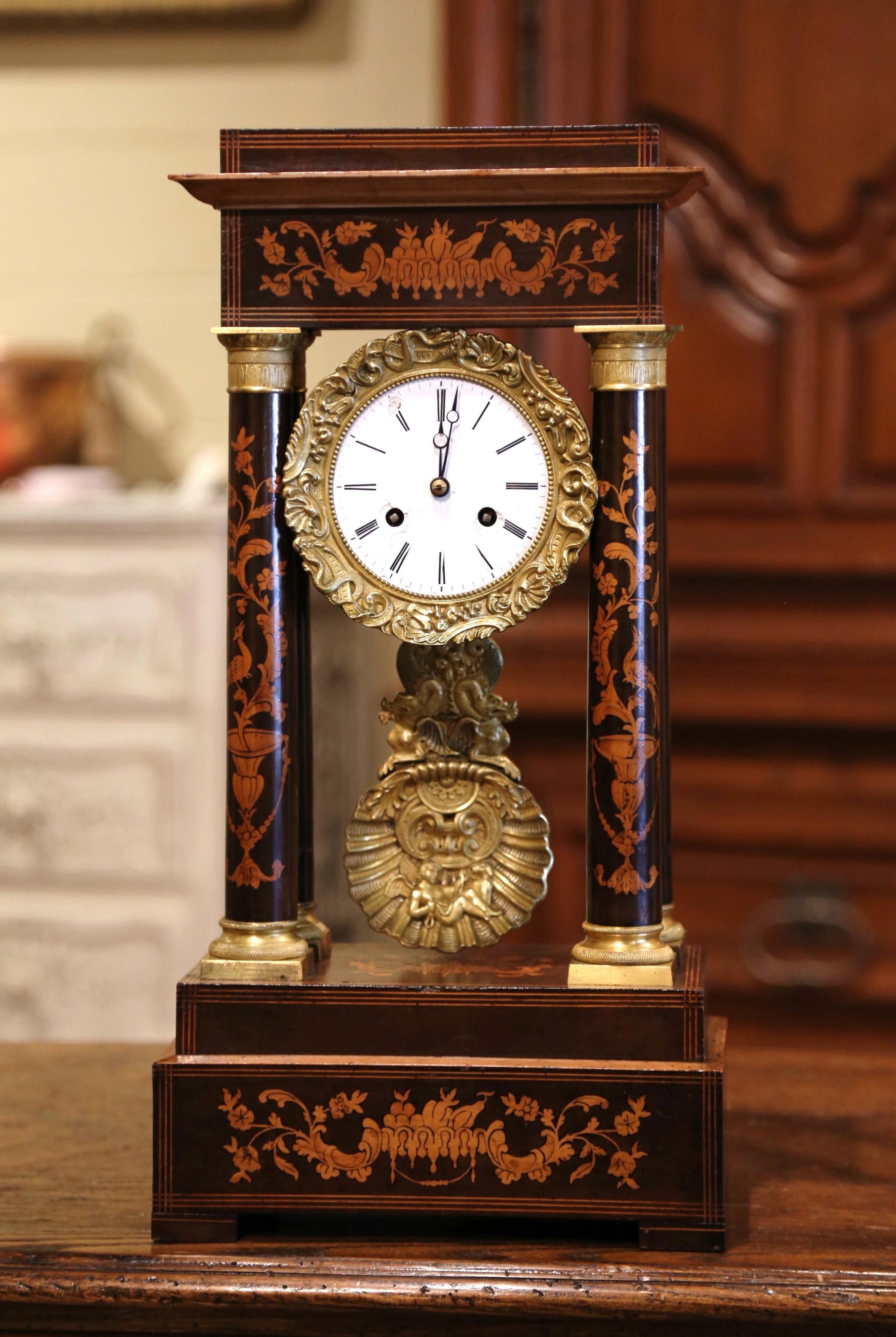 Brass Mid-19th Century French Empire Carved Walnut and Marquetry Portico Mantel Clock