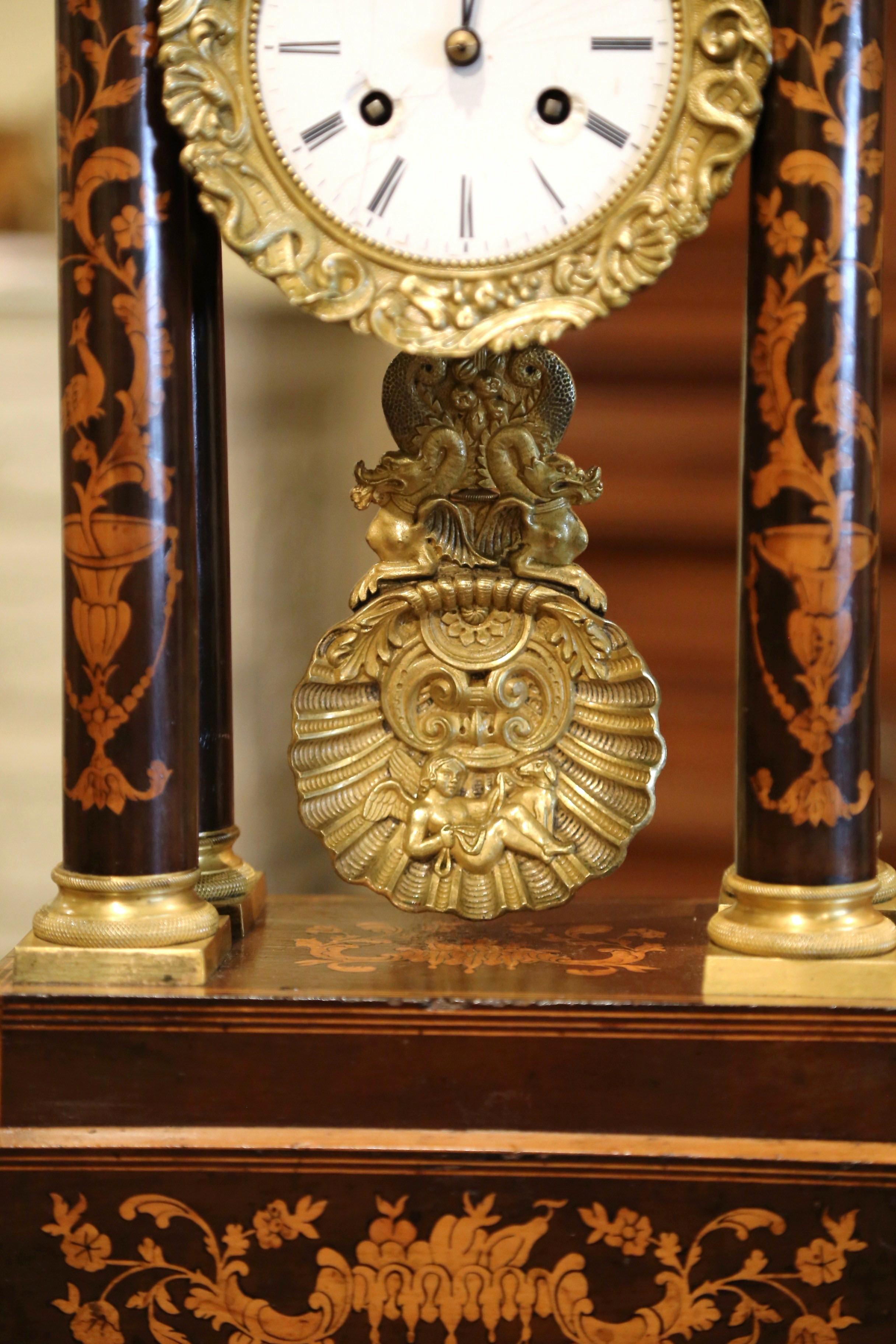 Mid-19th Century French Empire Carved Walnut and Marquetry Portico Mantel Clock 1