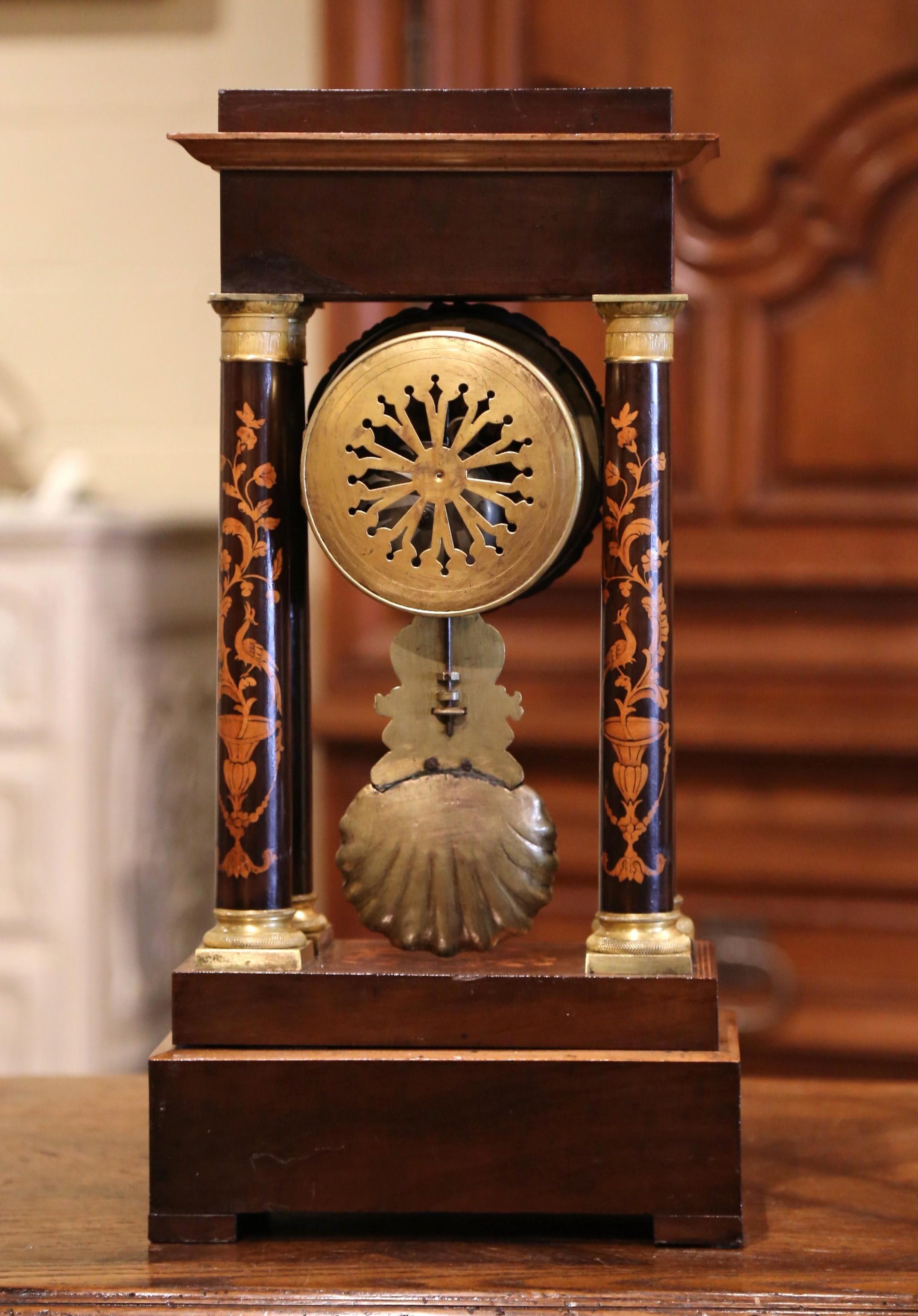 Mid-19th Century French Empire Carved Walnut and Marquetry Portico Mantel Clock 2