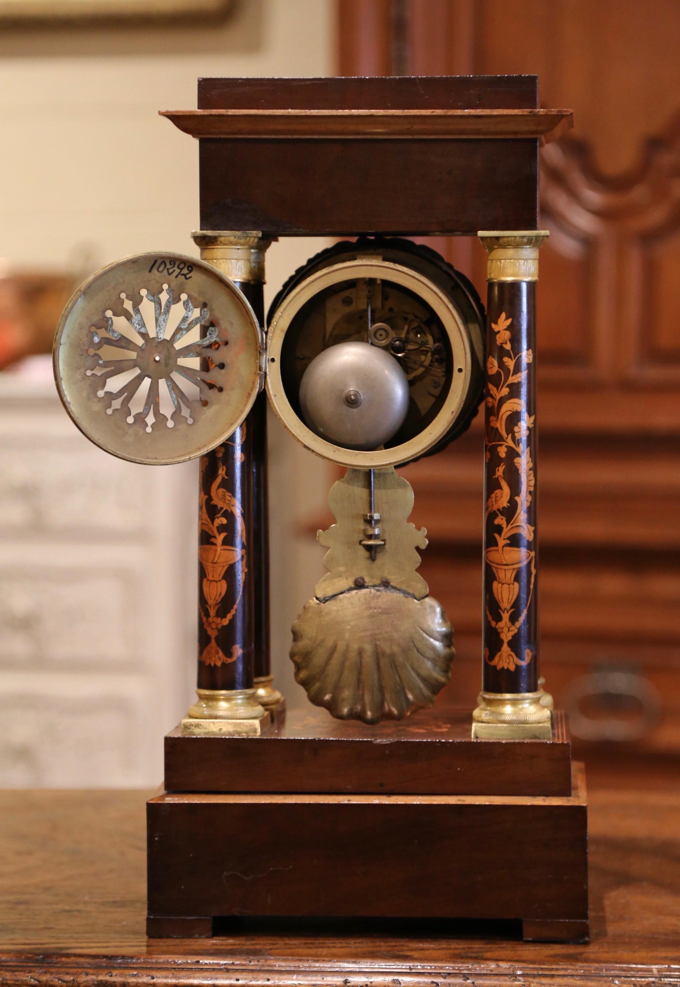 Mid-19th Century French Empire Carved Walnut and Marquetry Portico Mantel Clock 3