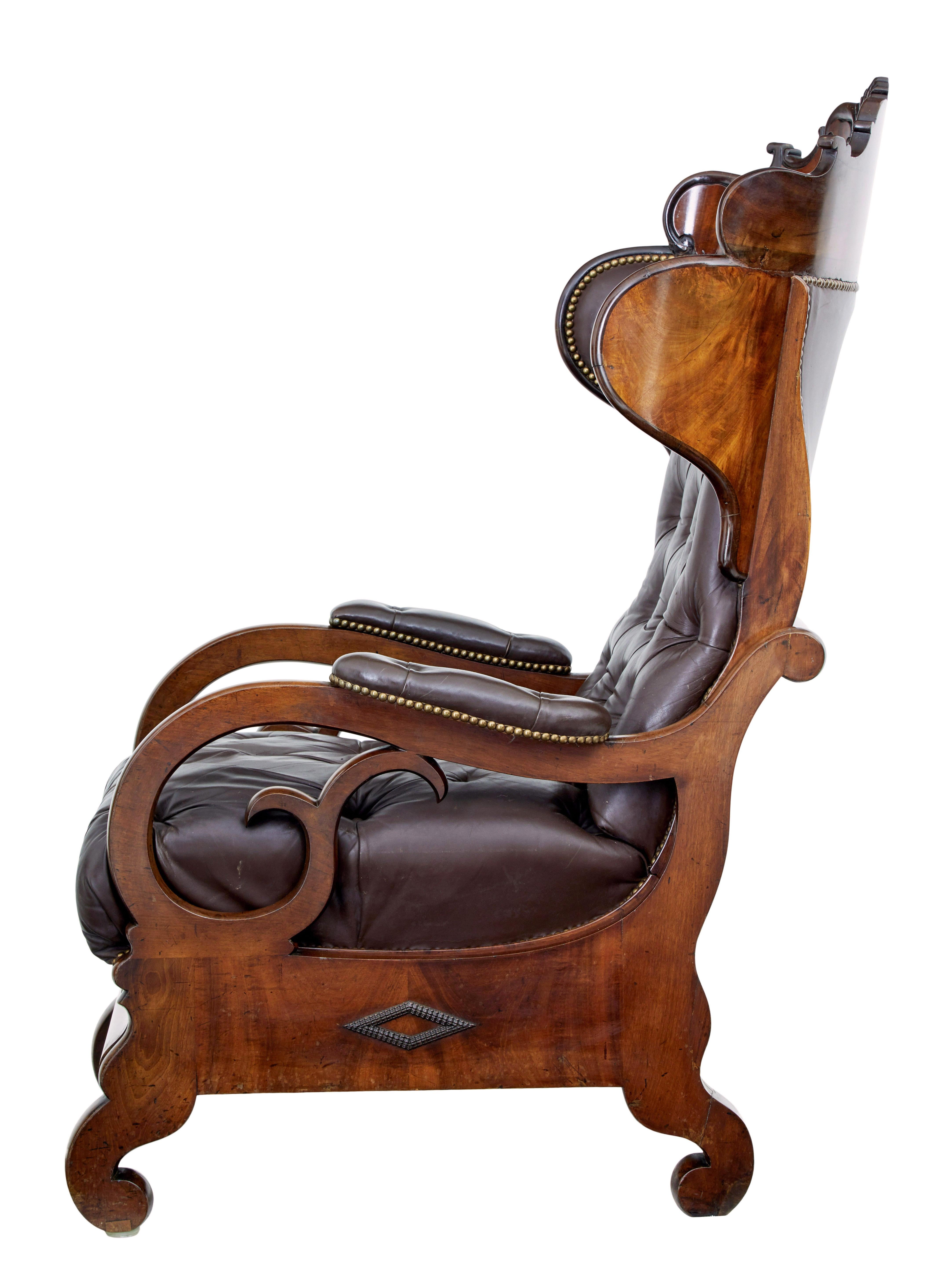 Fine quality mid 19th century French mahogany and leather reclining chair circa 1860.

We are pleased to be able to offer this stunning french flame mahogany reclining chair for sale. Designed to provide the ultimate in comfort during the 19th