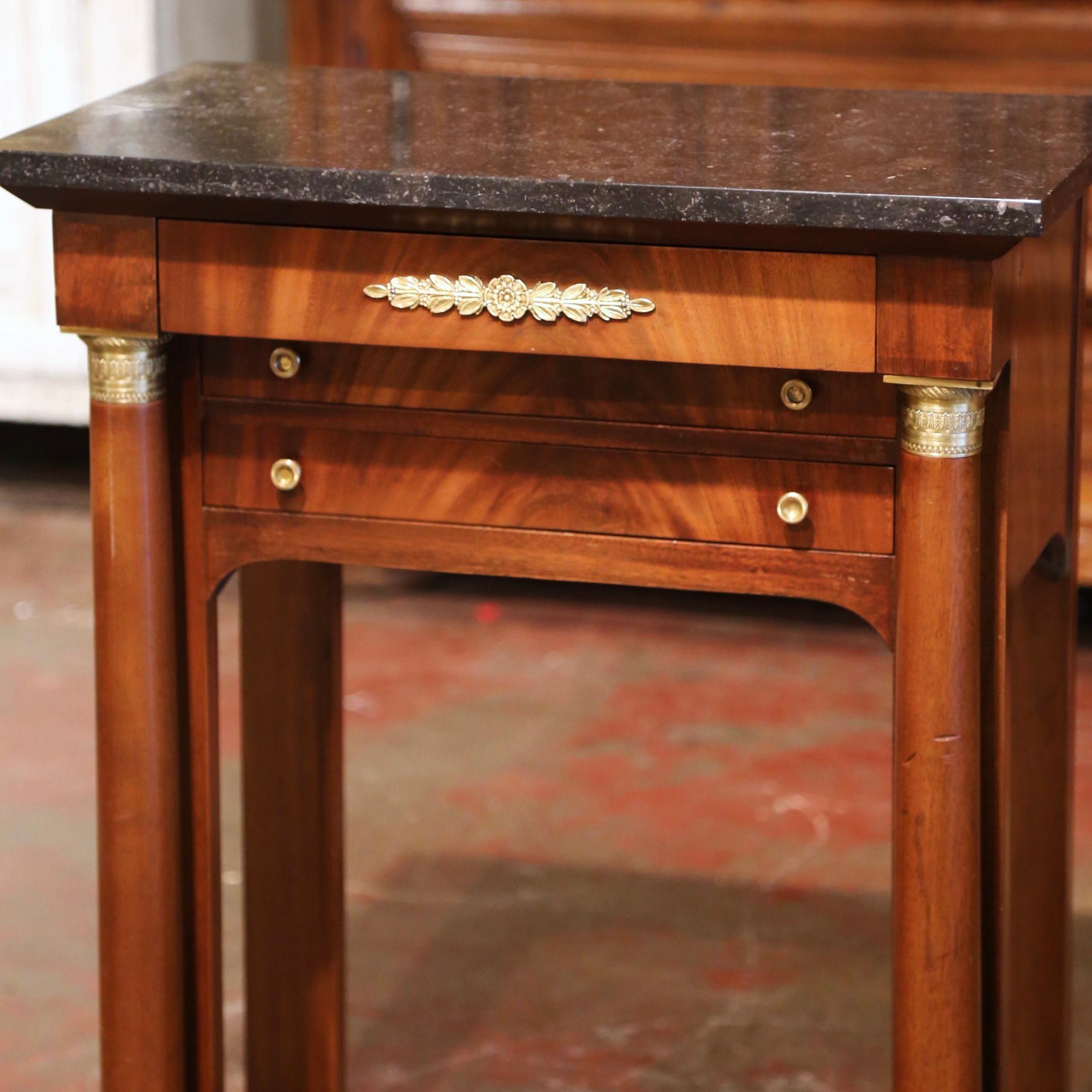 Hand-Crafted Mid-19th Century French Empire Mahogany and Marble Bedside Table with Drawers For Sale