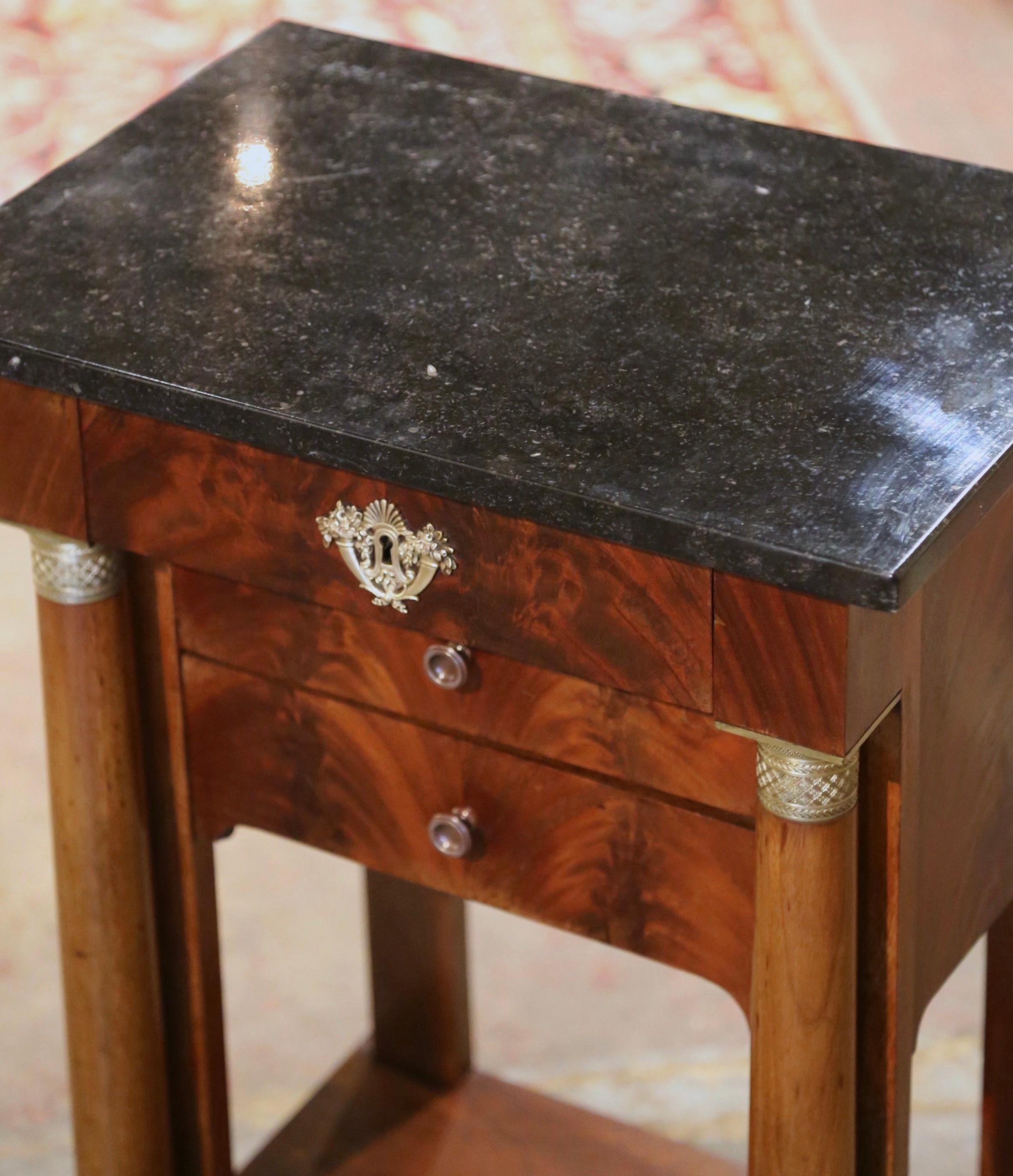 Hand-Crafted Mid-19th Century French Empire Mahogany and Marble Bedside Table with Drawers