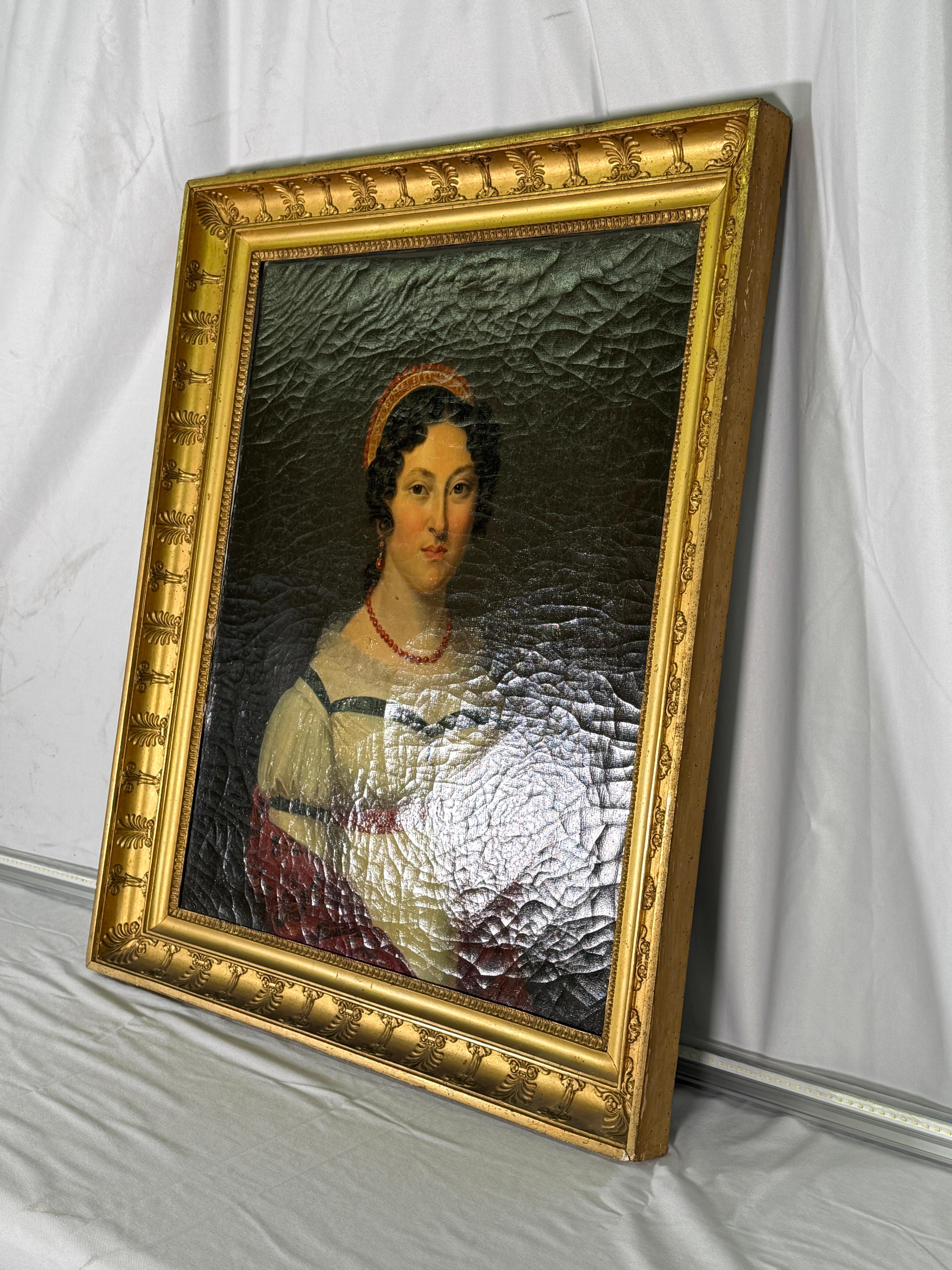 Mid 19th Century French Empire Style Portrait of Lady with Coral Jewelry In Good Condition For Sale In Scottsdale, AZ