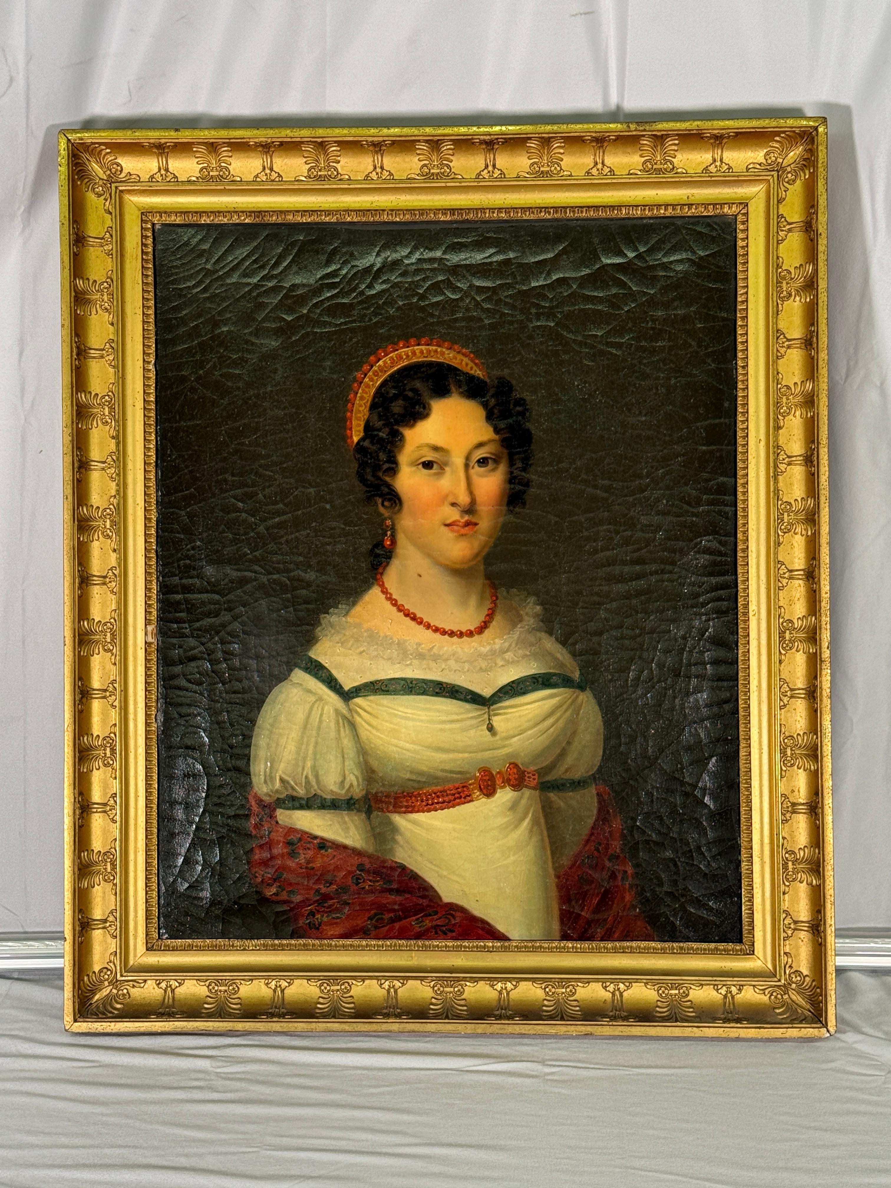 Paint Mid 19th Century French Empire Style Portrait of Lady with Coral Jewelry For Sale