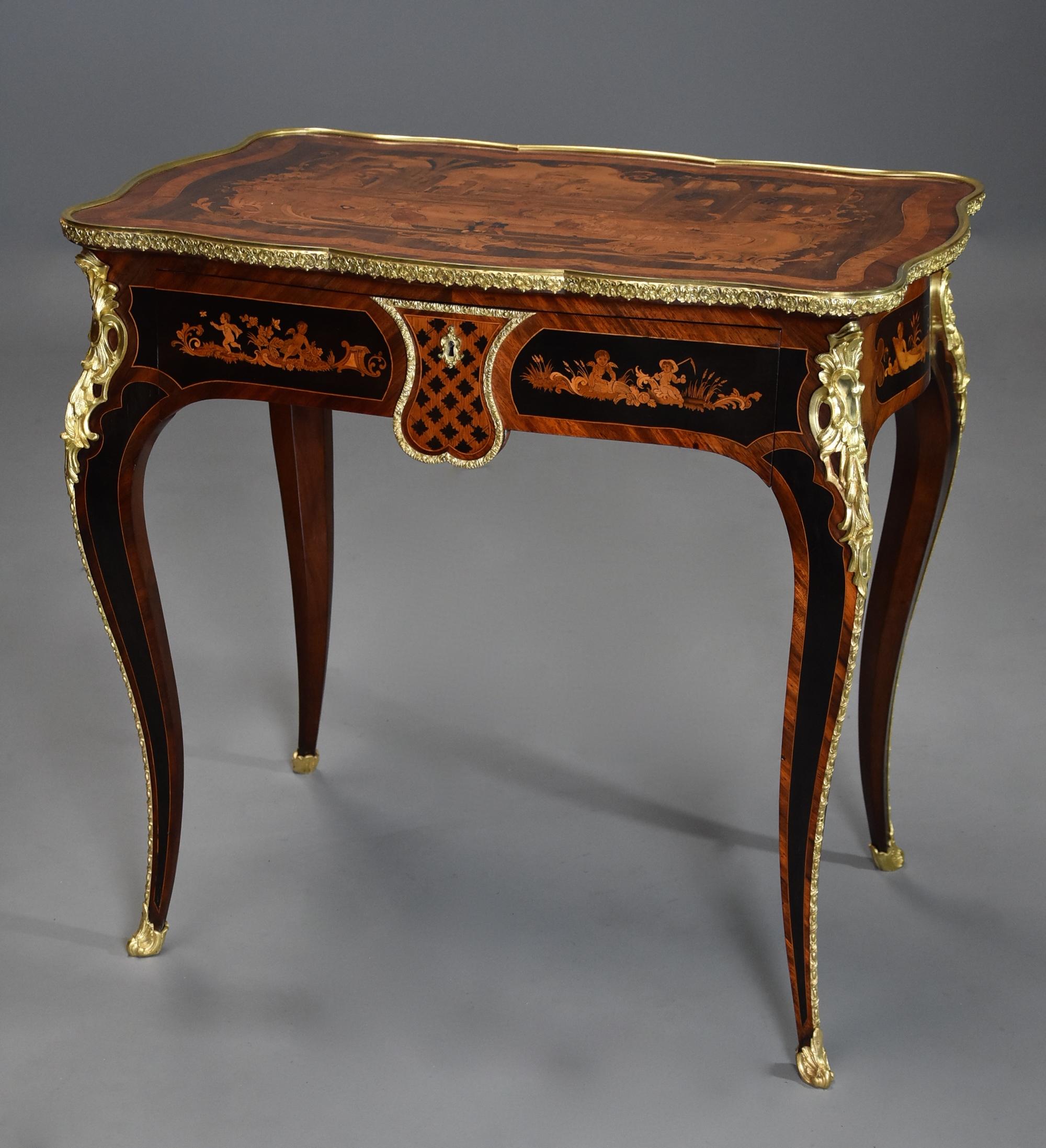 A mid-19th century, French fine quality Kingwood inlaid centre table.

This table consists of a shaped top with extremely fine quality marquetry decoration inlaid with exotic woods with an ebony ground, the inlaid top consisting of a central