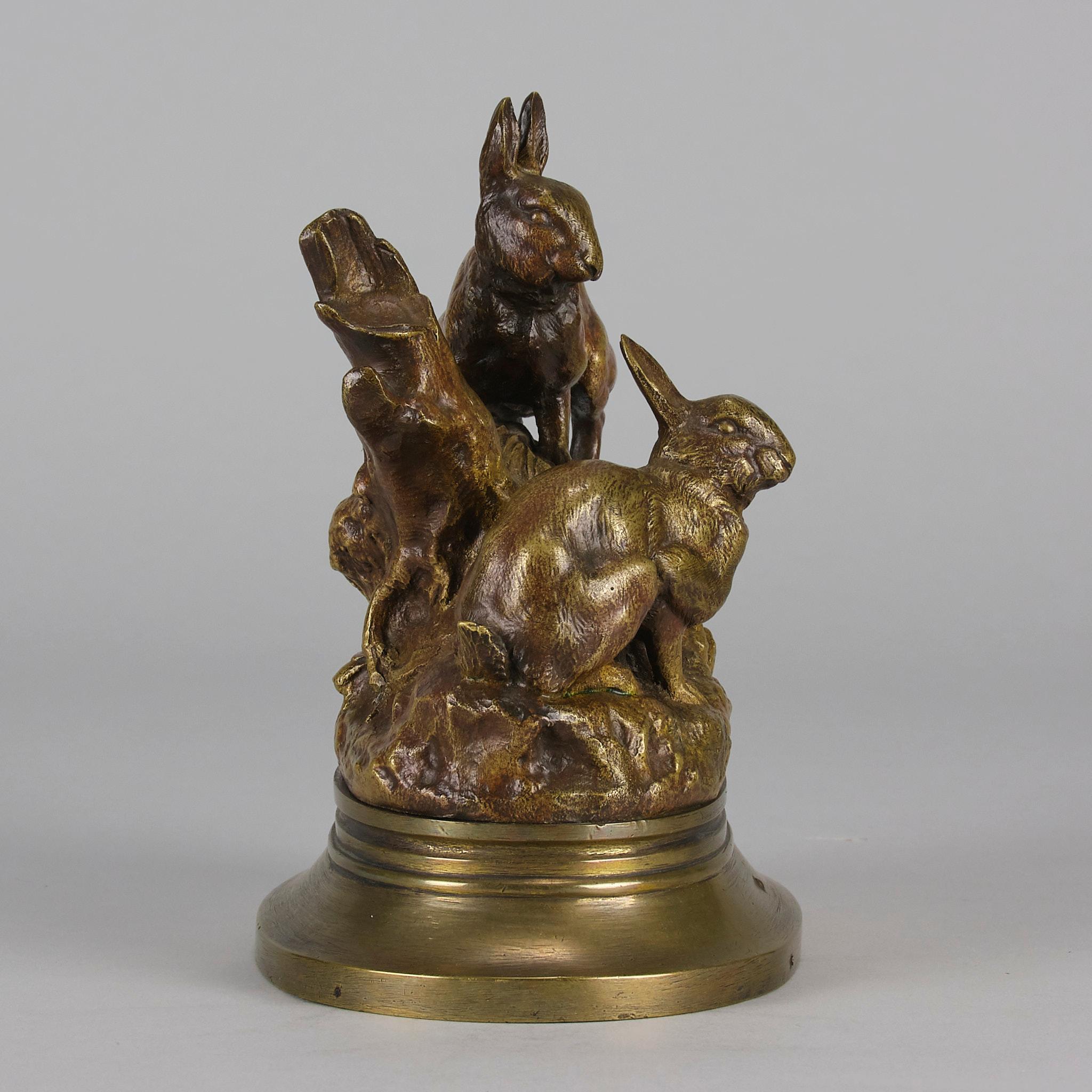 Französische vergoldete Bronze „Rabbits at their Burrow“ von Emile Truffot aus der Mitte des 19. Jahrhunderts im Angebot 1