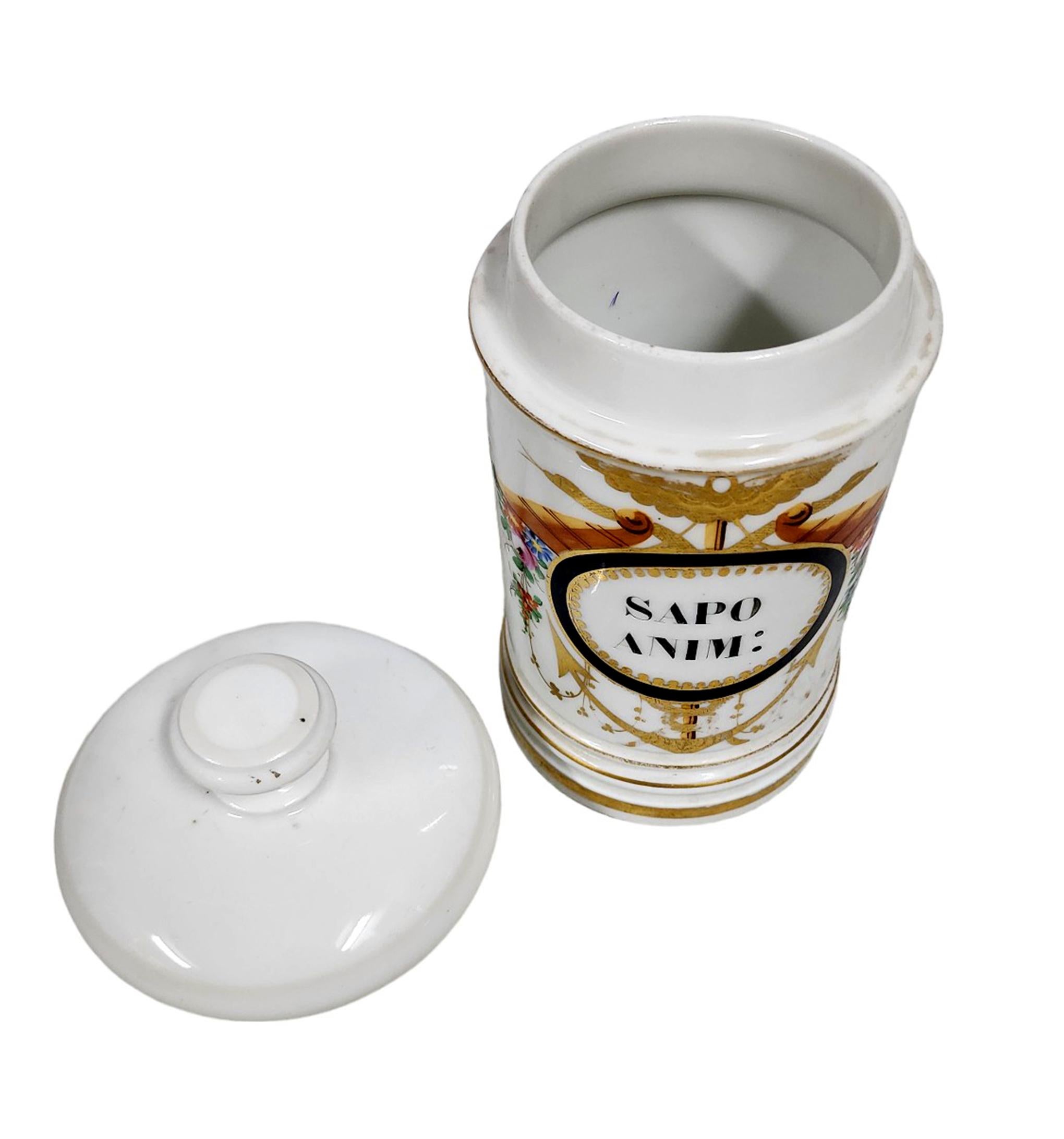 Mid-19th Century French Glazed Porcelain Apothecary/Pharmacy Jar - 'SAPO ANIM:' In Good Condition For Sale In North Miami, FL