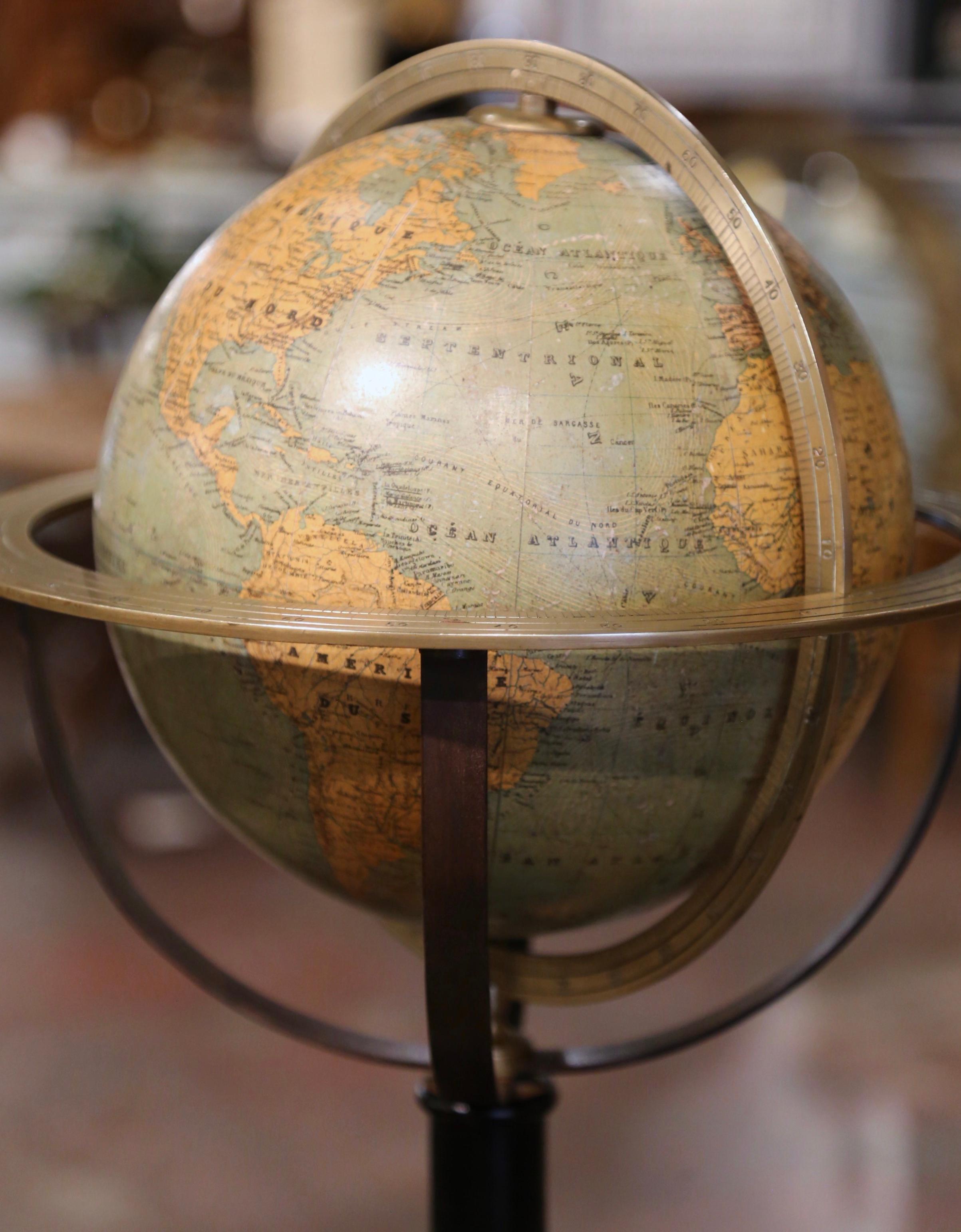 Brass Mid 19th Century French Globe on Carved Walnut Base Signed Ch. Perigot, Paris For Sale